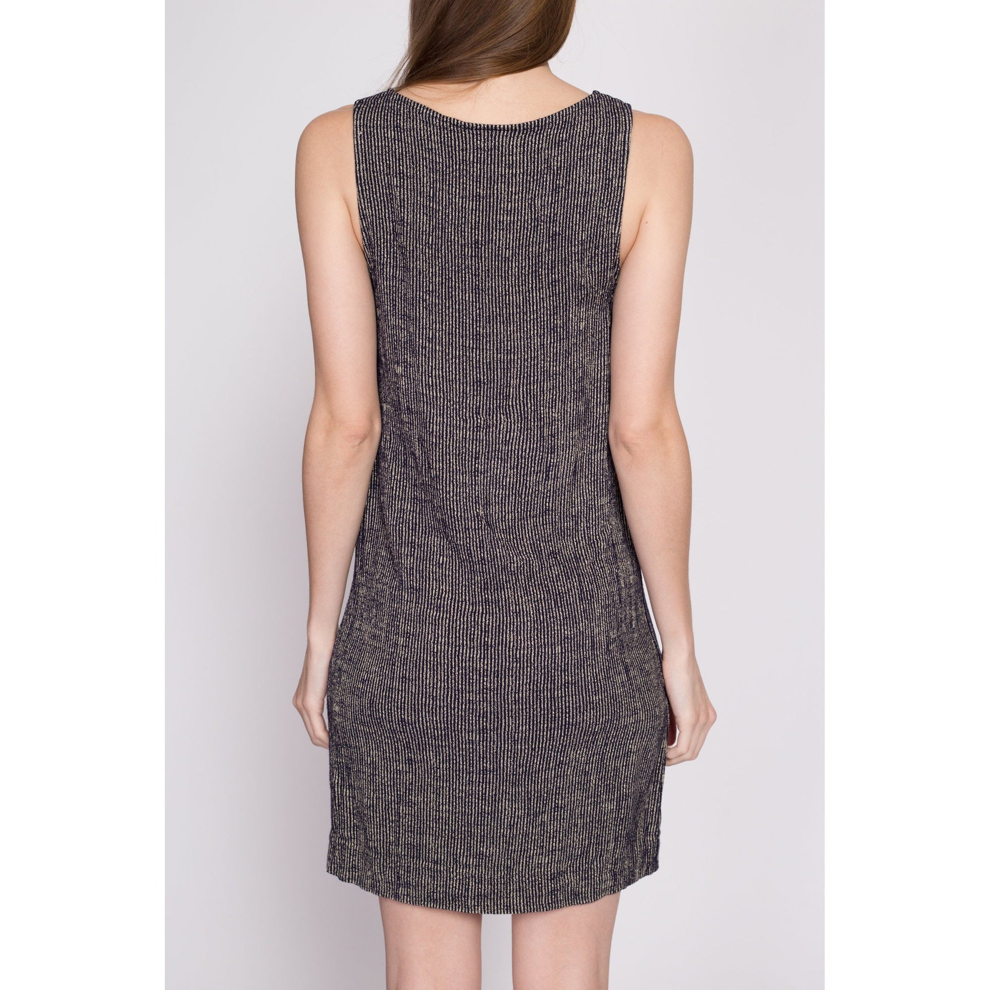 90s Striped Knit Fitted Mini Tank Dress - Medium | Vintage Grunge Sleeveless Button Front Pinafore Dress
