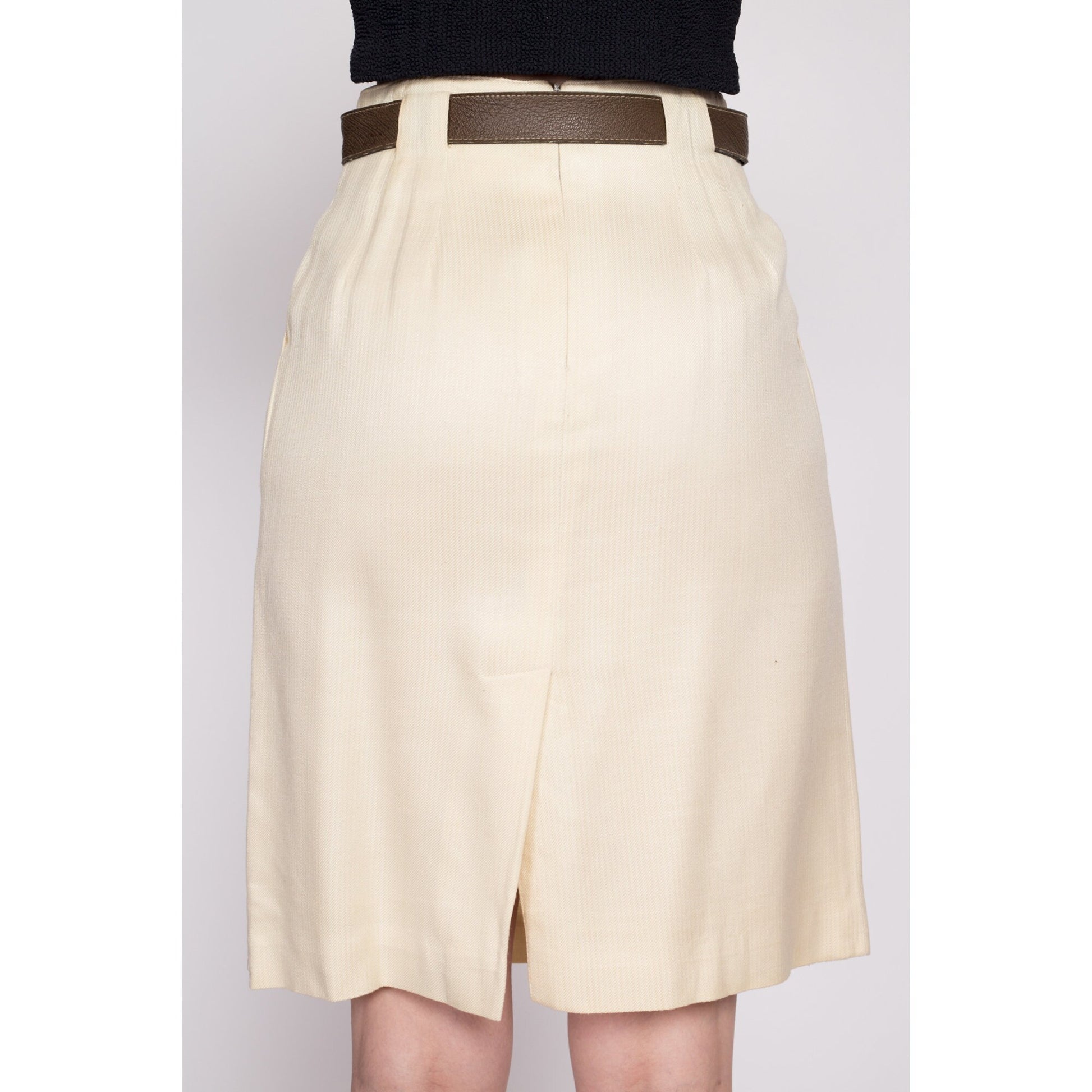 70s 80s Evan Picone Belted Skirt - Extra Small, 24.5" | Vintage Cream Secretary A Line Mini Skirt