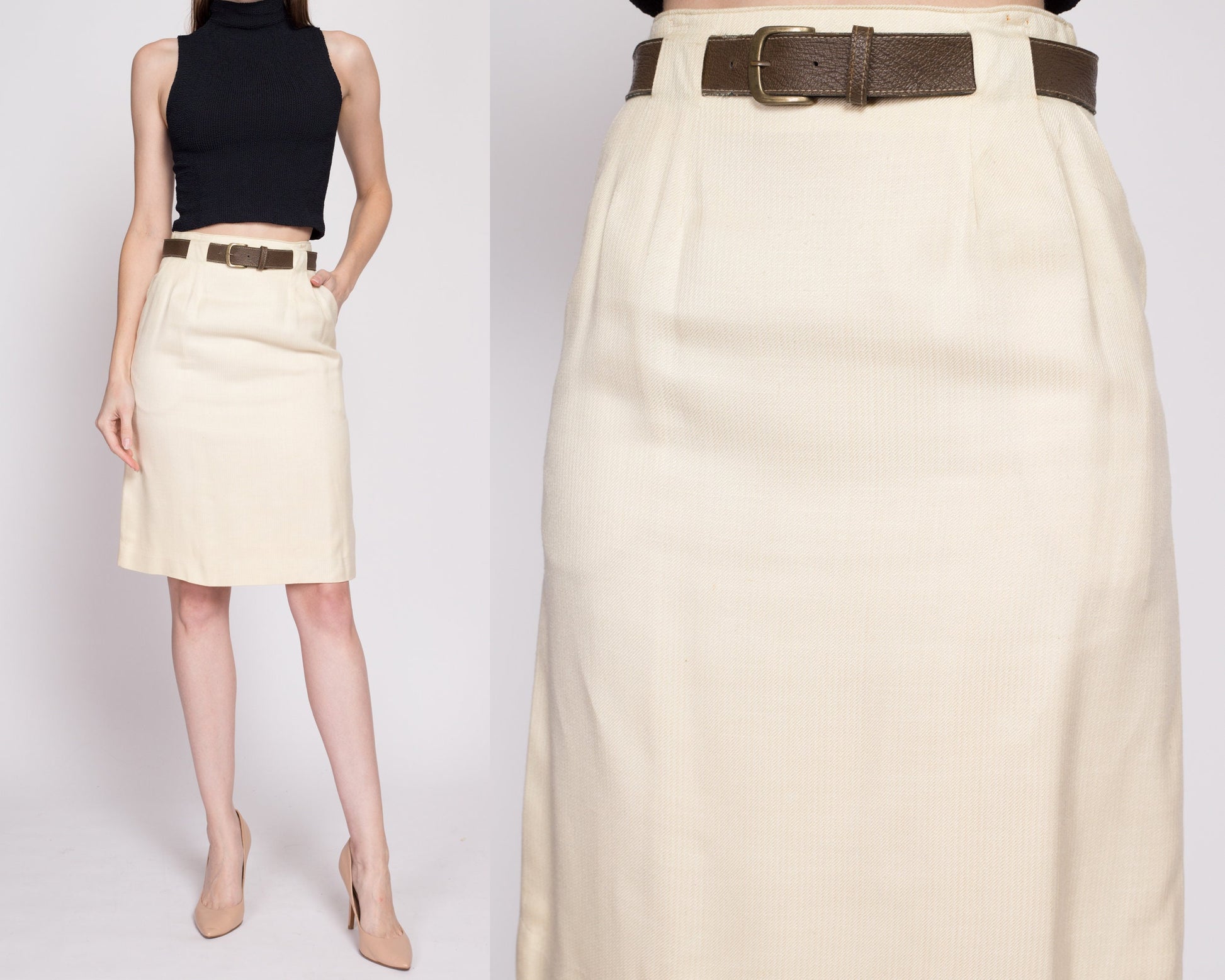 70s 80s Evan Picone Belted Skirt - Extra Small, 24.5" | Vintage Cream Secretary A Line Mini Skirt