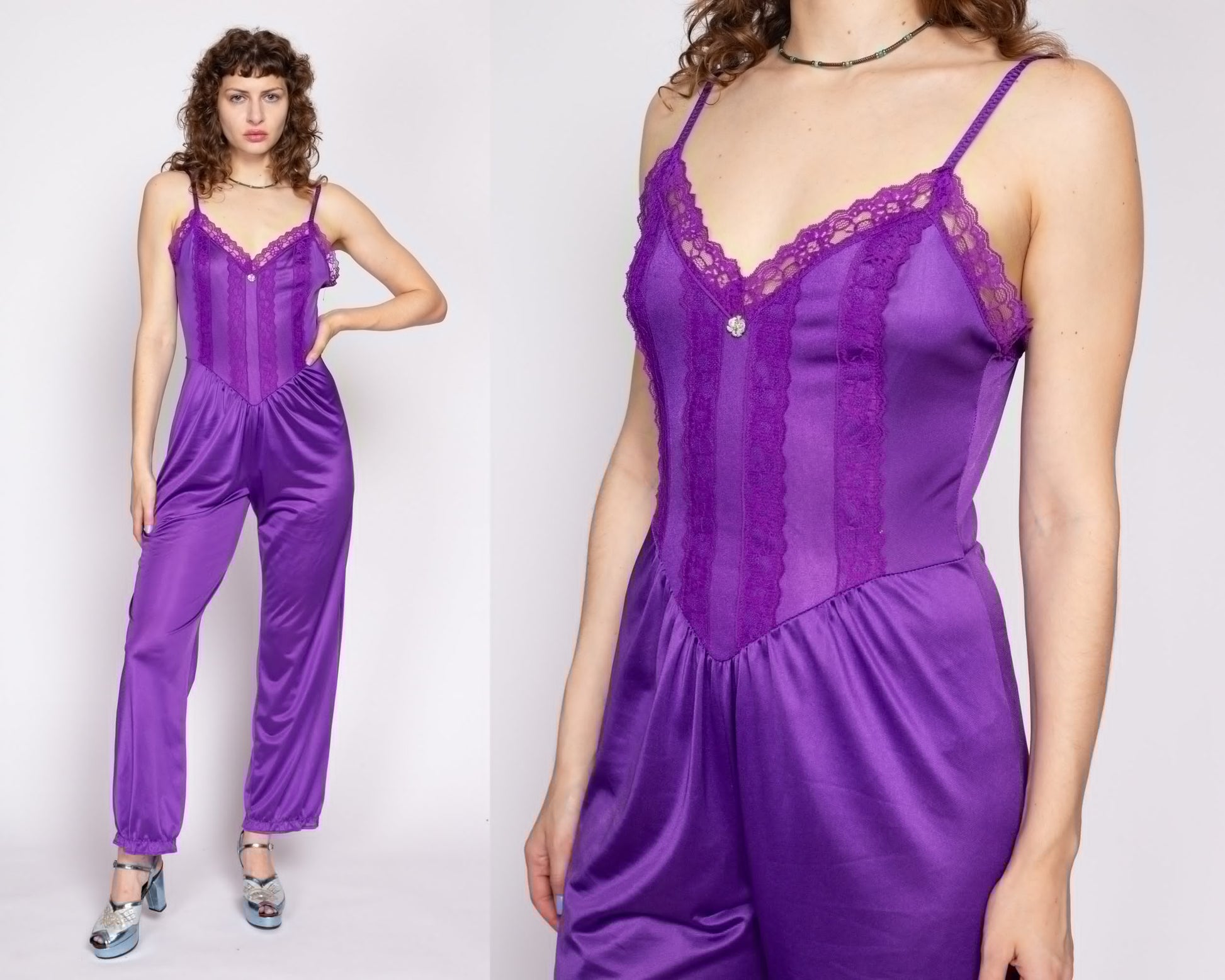 70s Purple Lace Lingerie Jumpsuit - Medium | Vintage Sexy Boudoir Loungewear Pajama One Piece Outfit