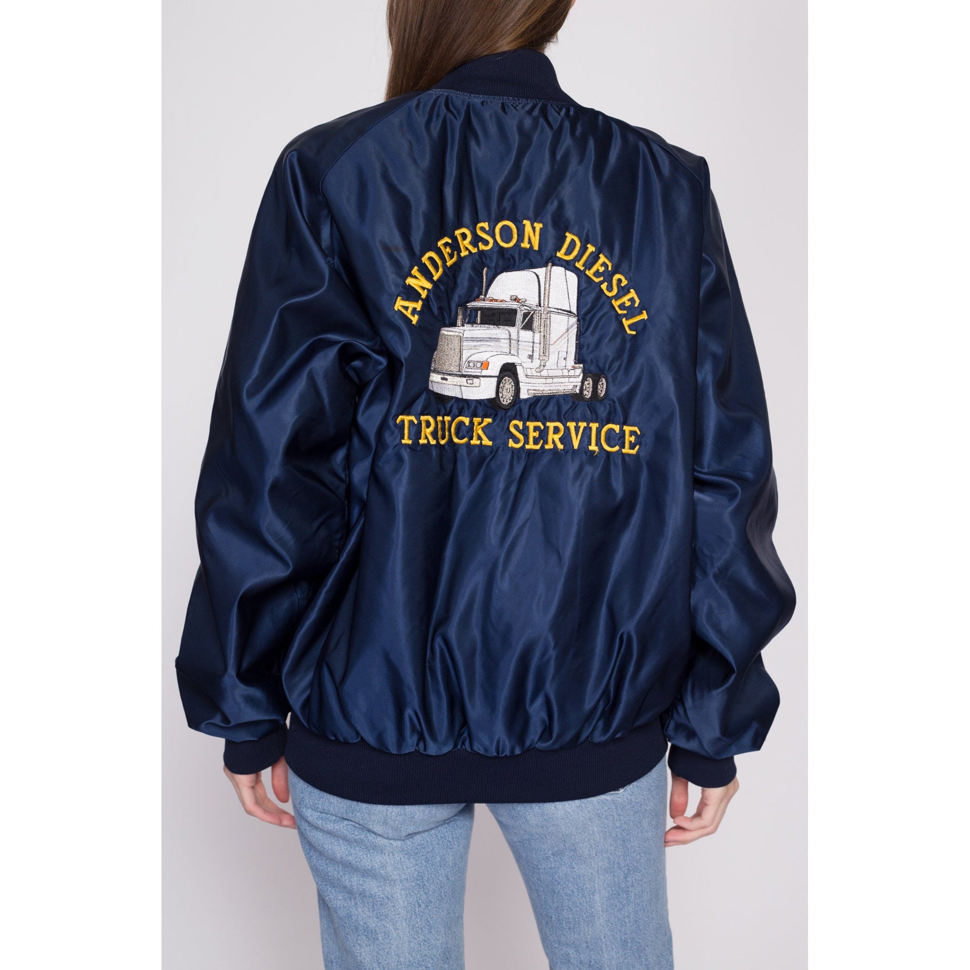80s Trucker Satin Varsity Jacket - Men's Large | Vintage Rochelle Navy Blue Trucking Logo Bomber Coat