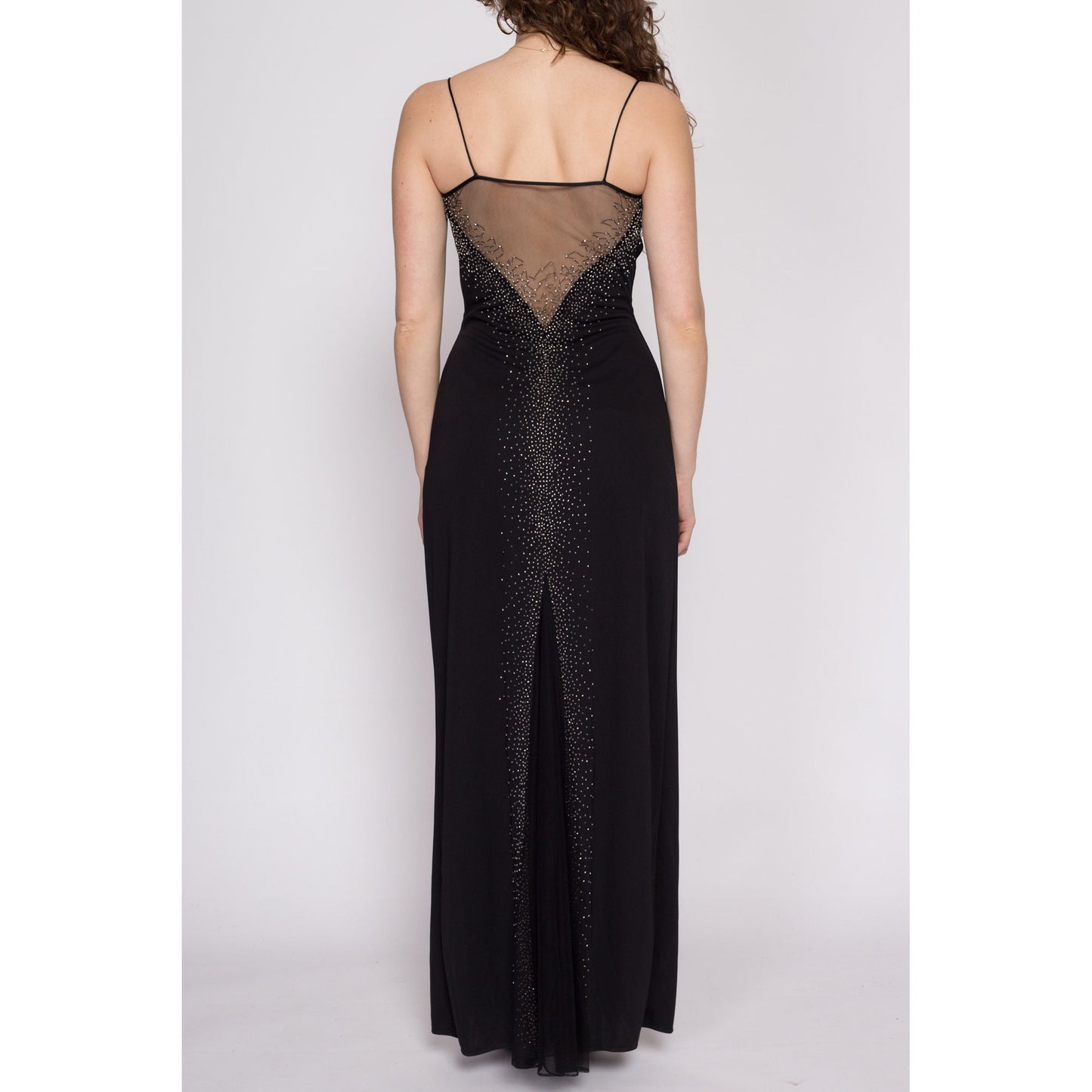 S-M| 90s Dave & Johnny Black Beaded Sheer Low Back Maxi Dress - Small to Medium | Vintage Spaghetti Strap Sleeveless Slinky Sexy Formal Gown