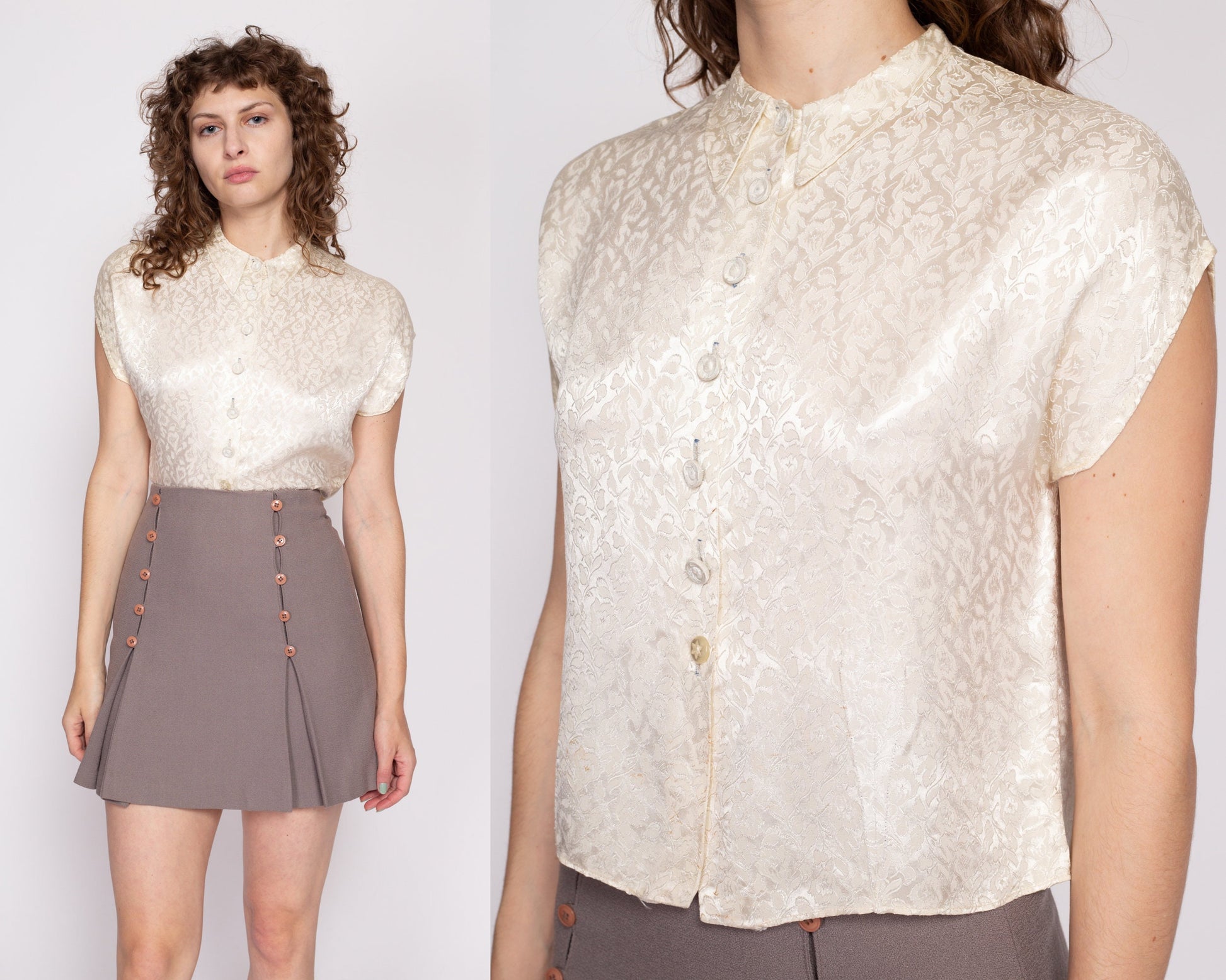 M| 1940s Dagger Collar Floral Jacquard Blouse - Medium | Vintage 40s 50s Boho Champagne Button Up Collared Cap Sleeve Shirt