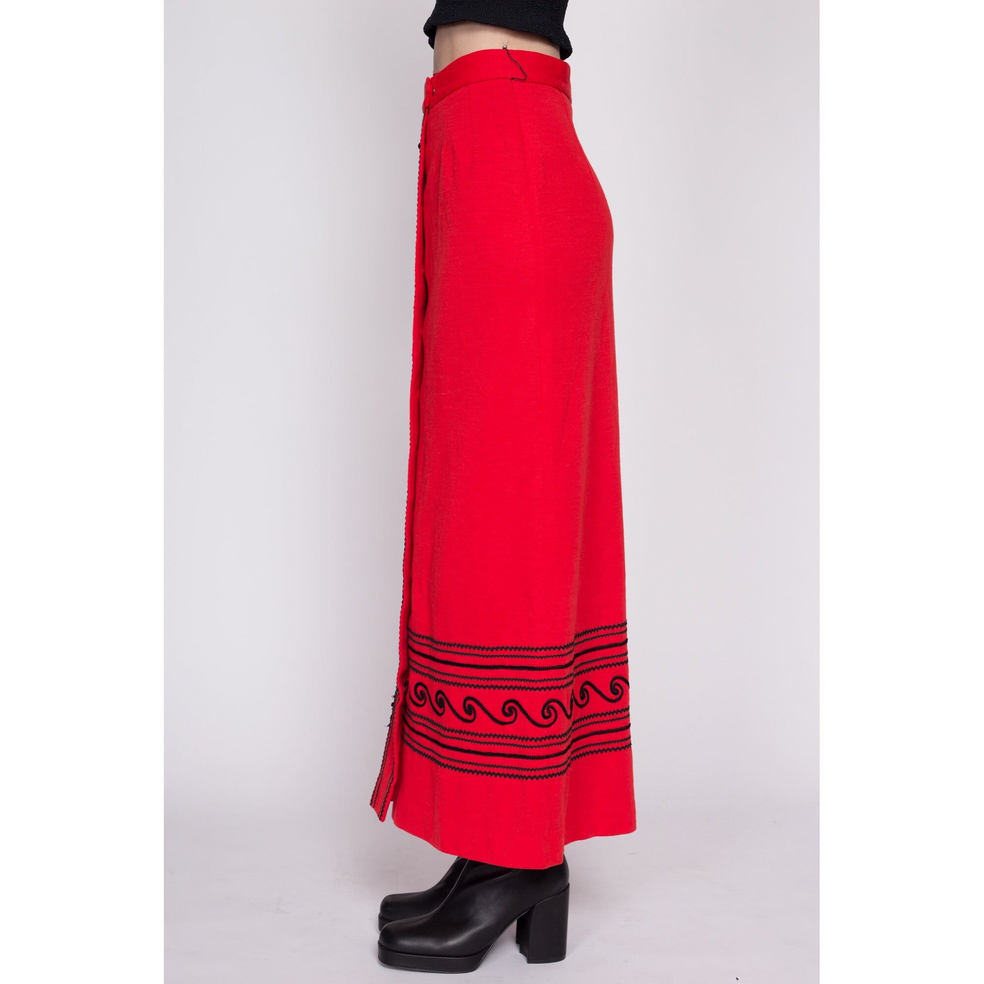 XS 60s Red Ric Rac Maxi Skirt 25" | Vintage 1960s Jo Hardin Boho High Waisted Button Front Hostess Skirt