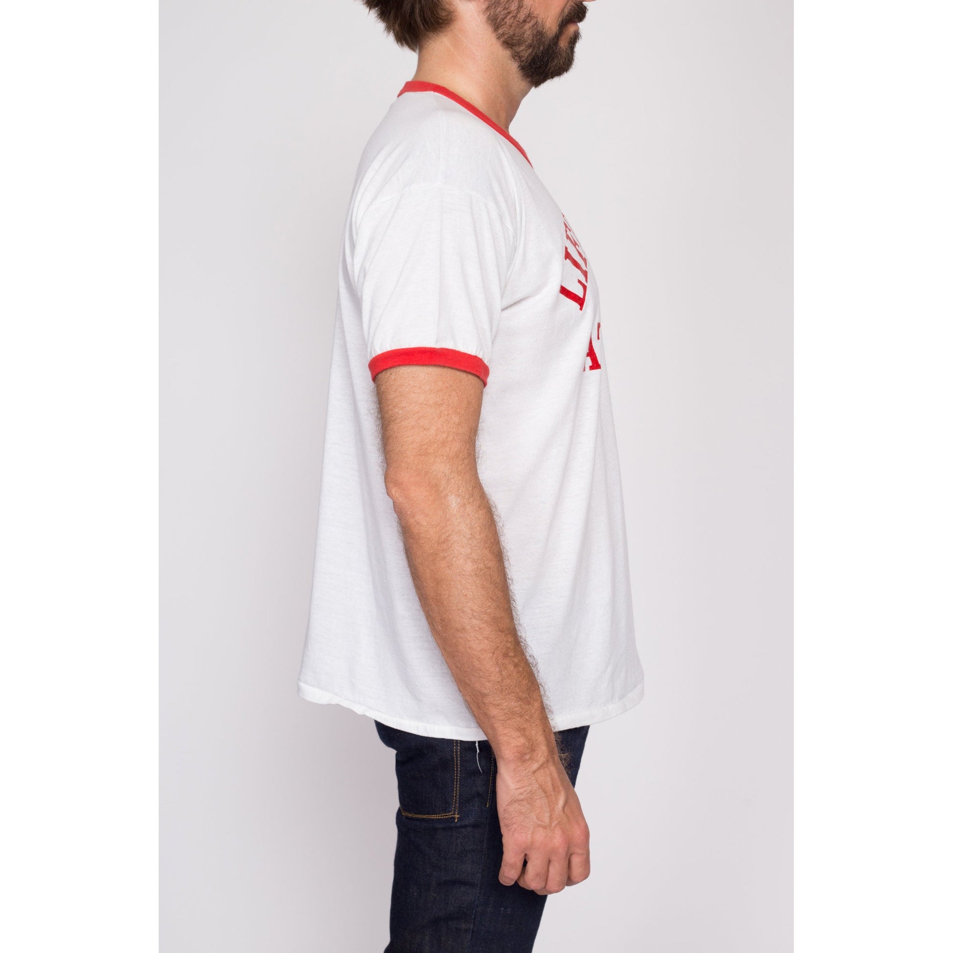 L| 80s "Life Begins At 39" Funny Birthday T Shirt - Men's Large | Vintage White Red Gymnast Graphic Ringer Tee