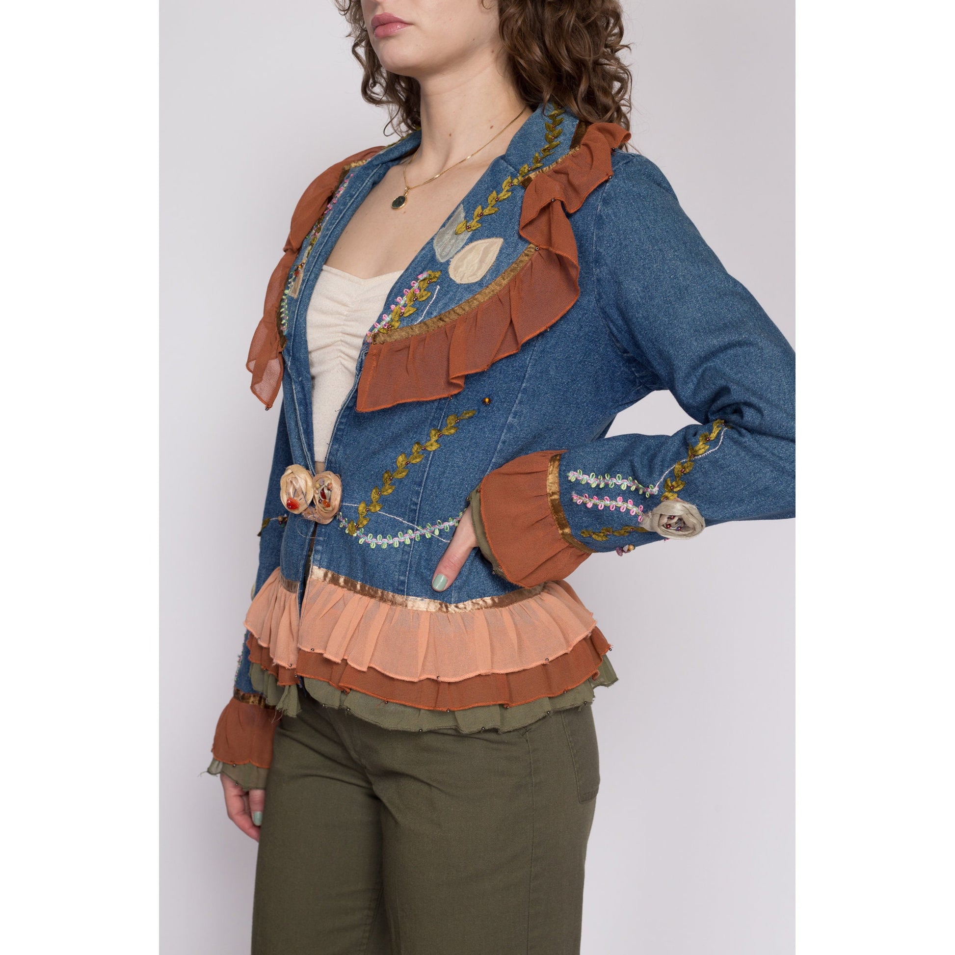 Small 90s Denim Chiffon Trim Embellished Blazer | Boho Vintage Floral Beaded Ruffle Jean Jacket