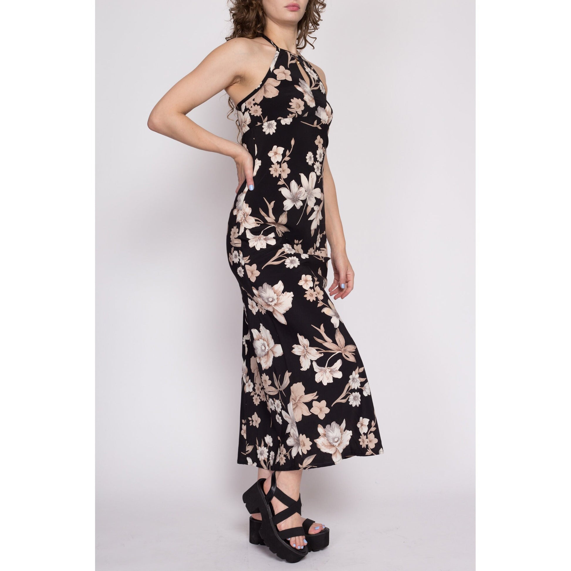 XS 90s Boho Black Floral Halter Maxi Dress | Vintage Tropical Flower Print Keyhole Neck Sundress