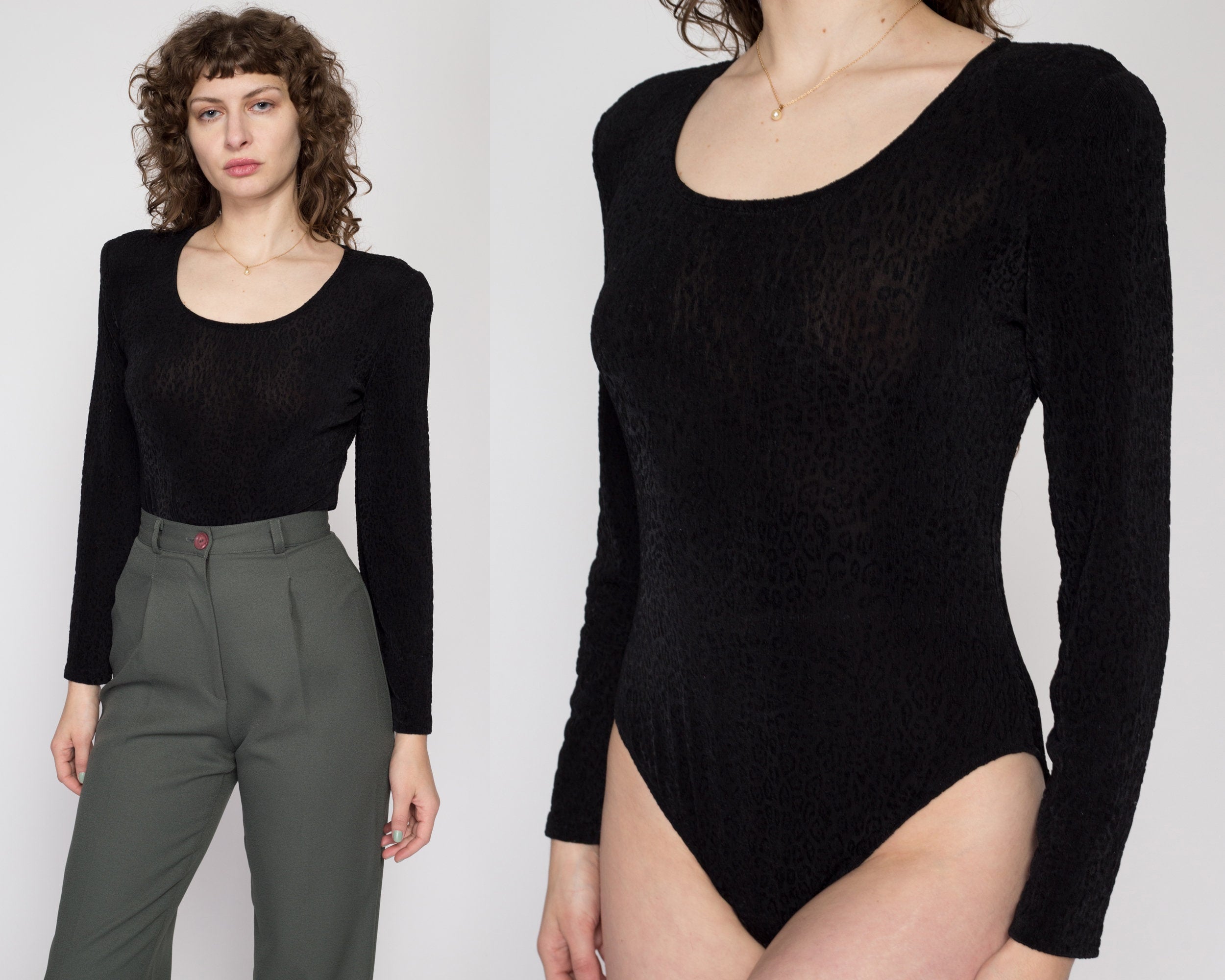 Large 90s Black Leopard Print Sheer Burnout Bodysuit Top Flying Apple Vintage