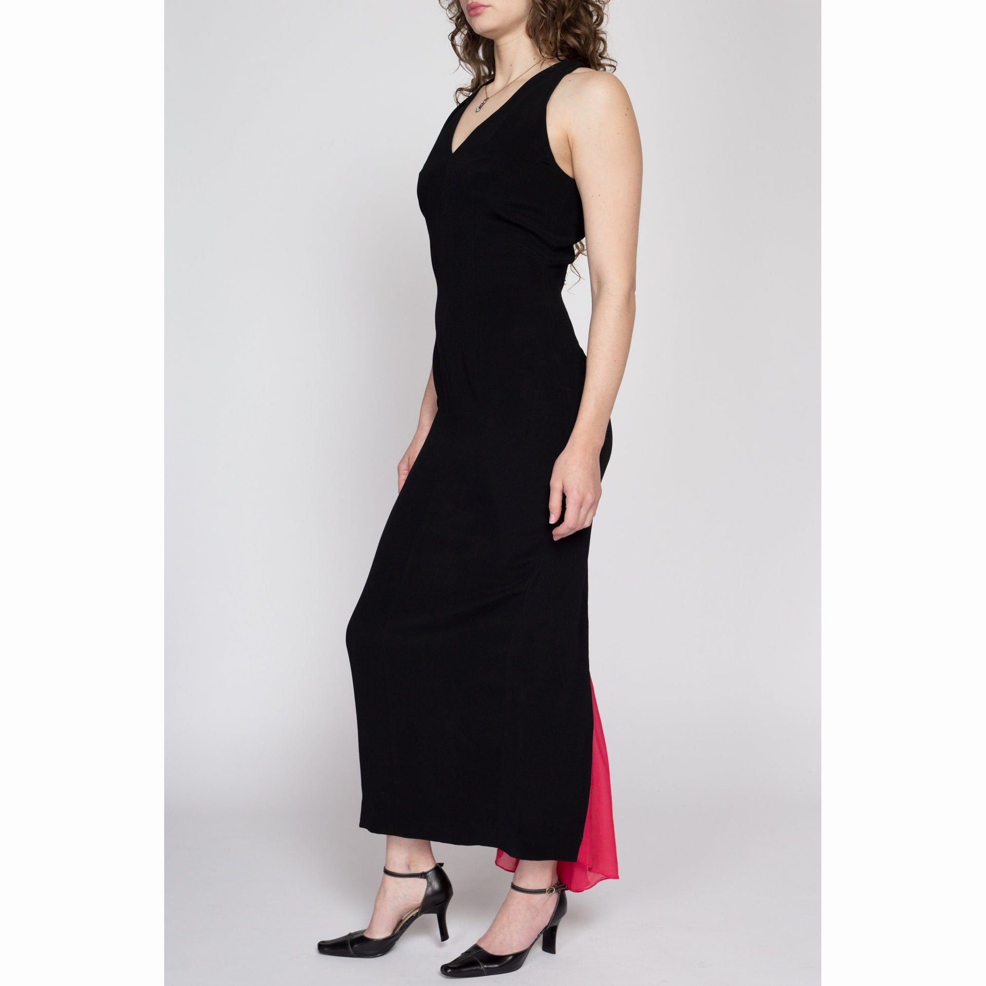 80s Nicole Miller Peekaboo Train Maxi Dress - Medium | Vintage Black Red Fitted Sleeveless Cocktail Party Evening Gown