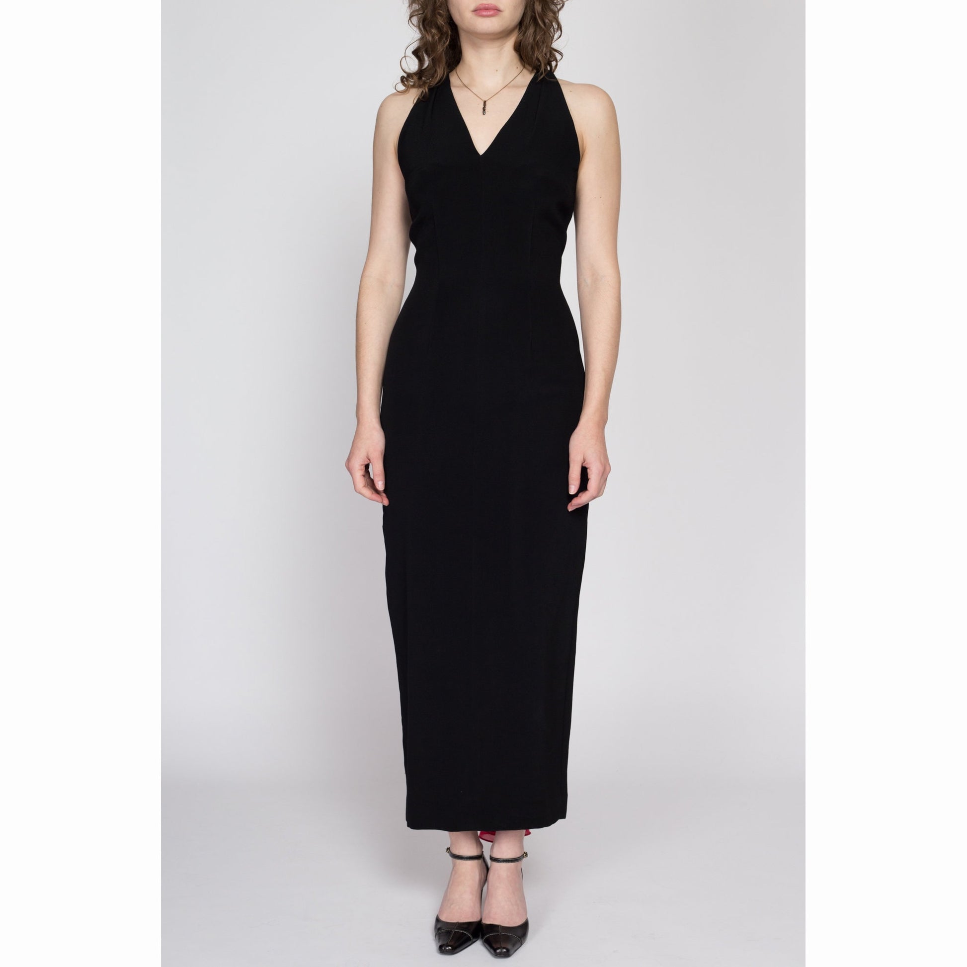 80s Nicole Miller Peekaboo Train Maxi Dress - Medium | Vintage Black Red Fitted Sleeveless Cocktail Party Evening Gown