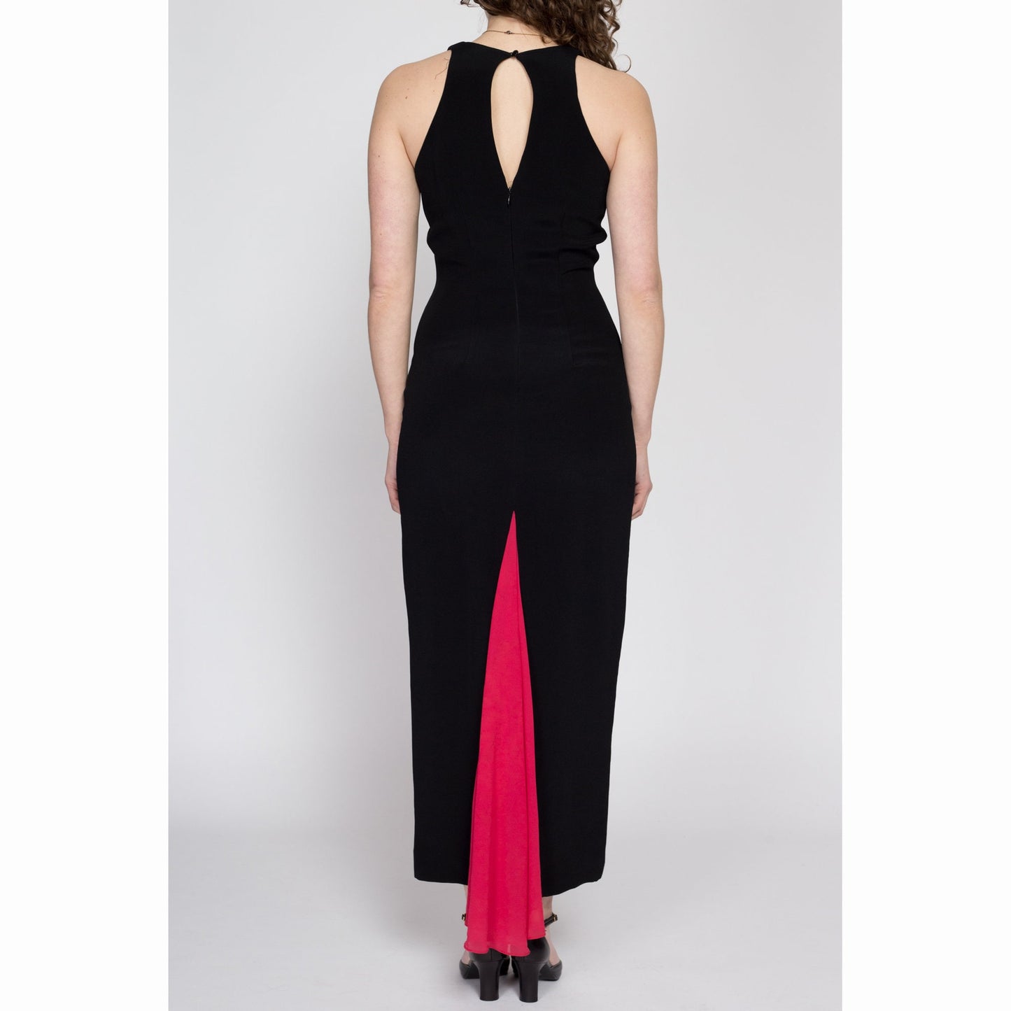 80s Nicole Miller Peekaboo Train Maxi Dress - Medium | Vintage Black Red Fitted Sleeveless Cocktail Party Evening Gown