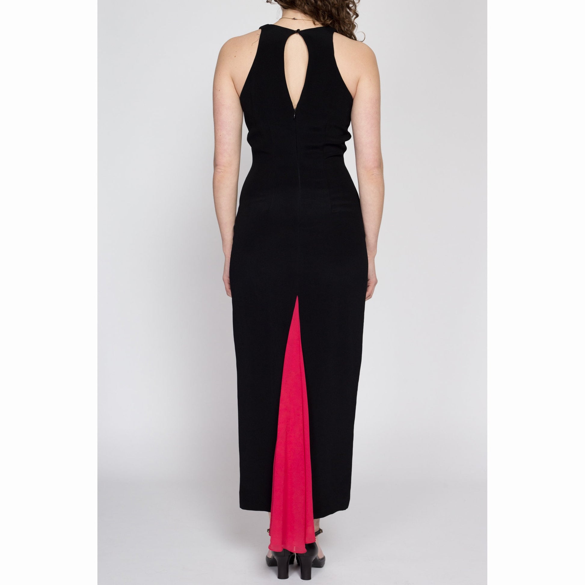 80s Nicole Miller Peekaboo Train Maxi Dress - Medium | Vintage Black Red Fitted Sleeveless Cocktail Party Evening Gown