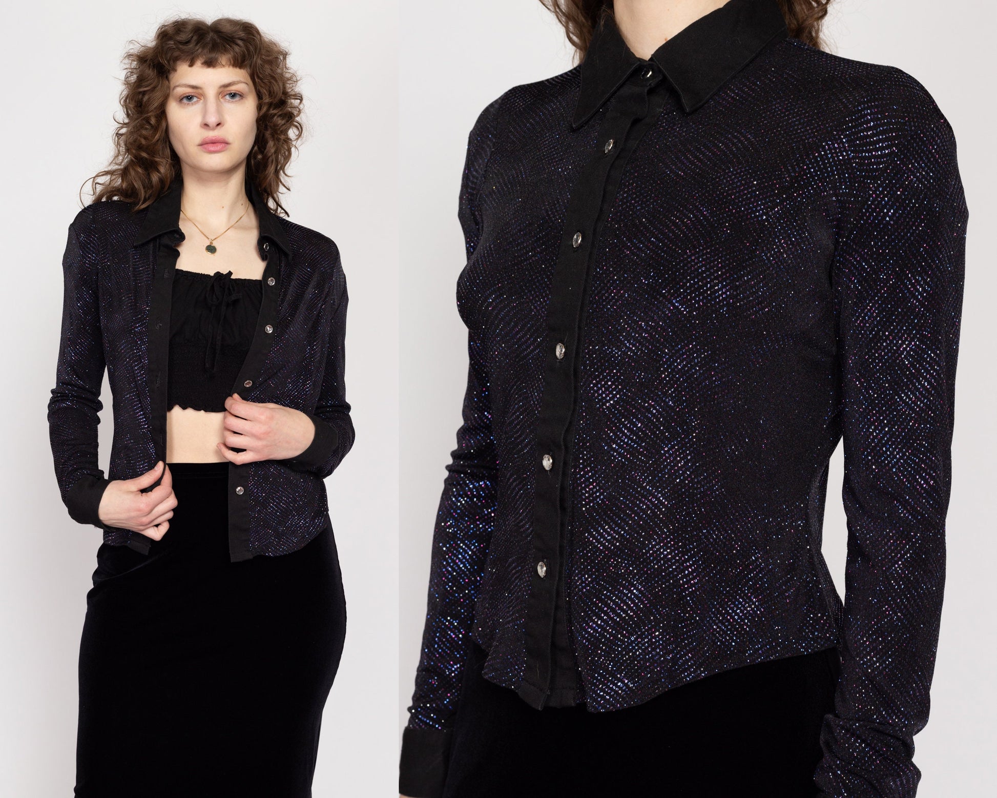 Med-Lrg 80s Banjo Texas Black & Purple Sparkle Western Blouse | Vintage Button Up Long Sleeve Retro Collared Shirt