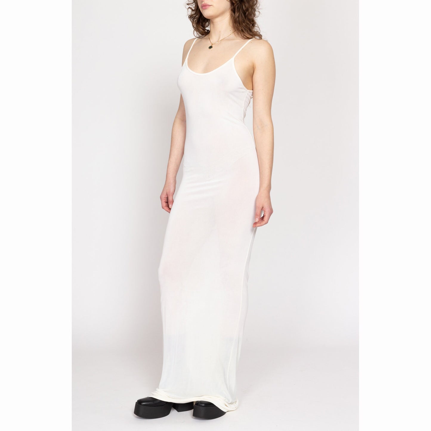 Sm-Med 90s Slinky White Floor Length Bodycon Dress | Vintage Sheer Spaghetti Strap Fitted Maxi Dress