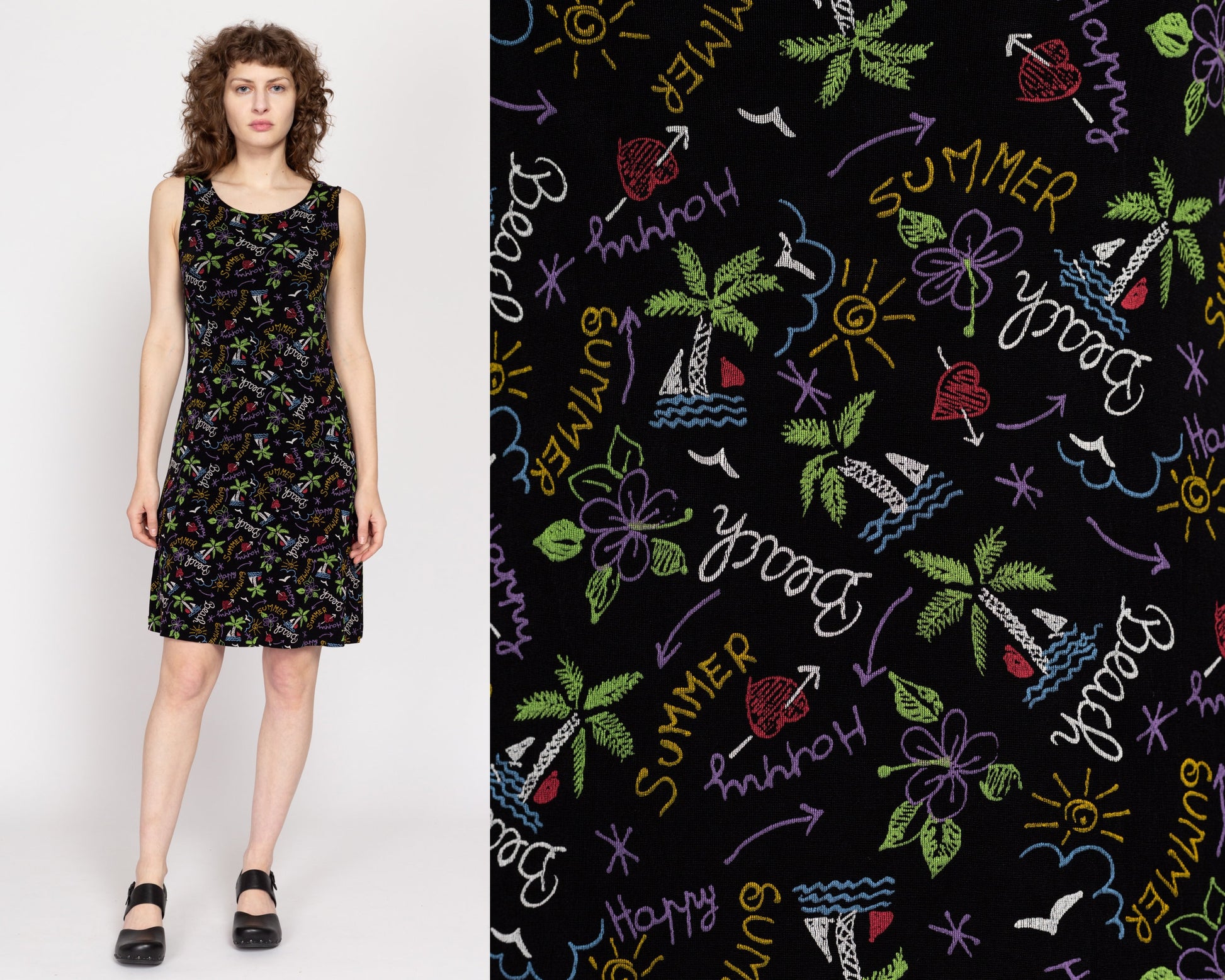 Medium 90s Beach Vacation Print Mini Tank Dress | Vintage Black Sleeveless Stretchy Summer Sundress