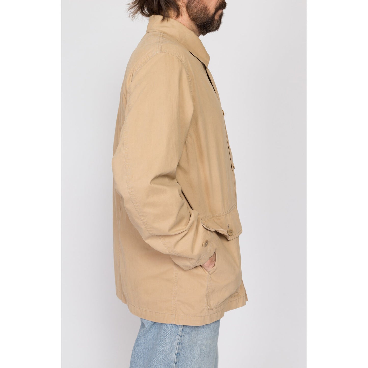 Medium 90s Polo Ralph Lauren Khaki Chore Coat | Vintage Tan Button Up Lightweight Field Jacket