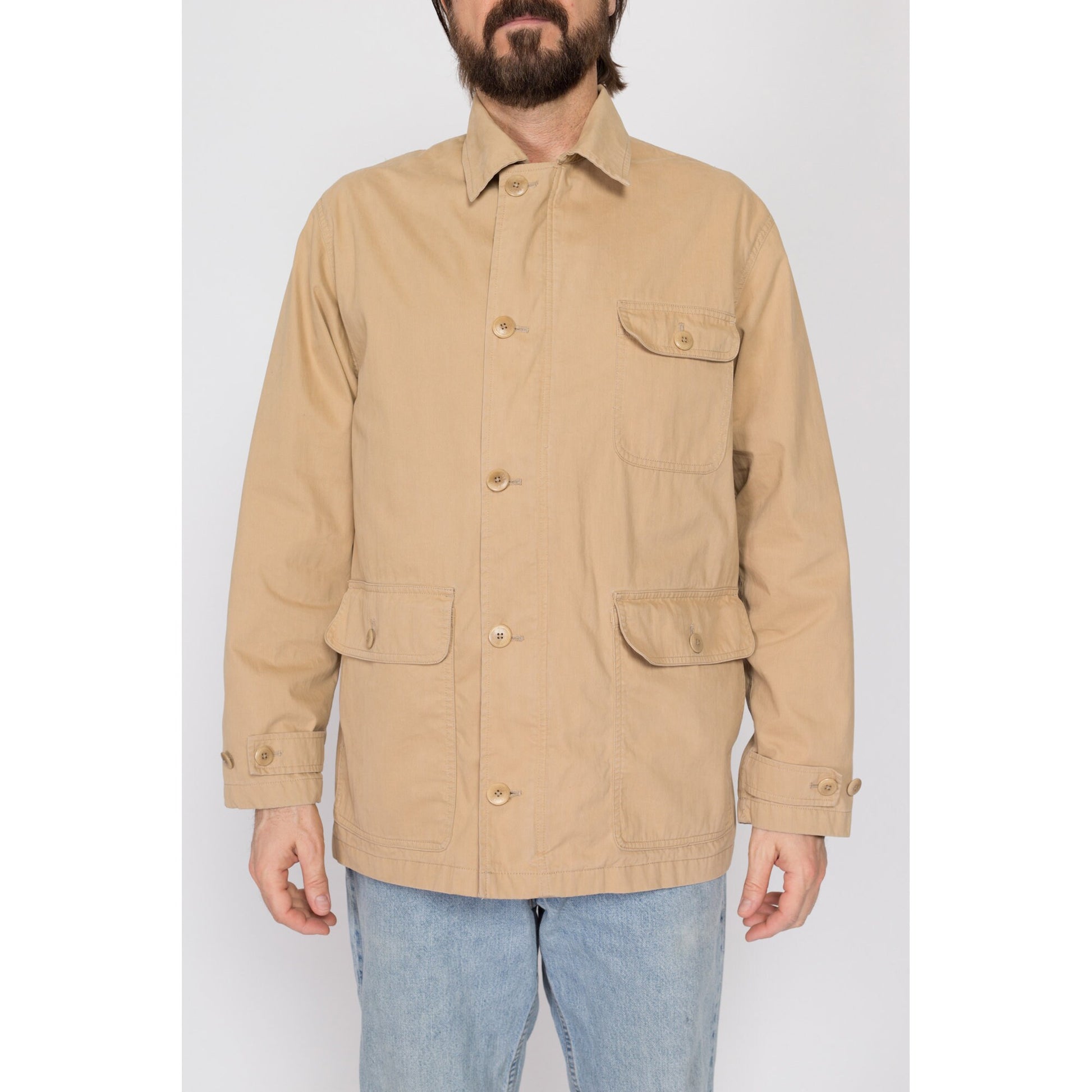 Medium 90s Polo Ralph Lauren Khaki Chore Coat | Vintage Tan Button Up Lightweight Field Jacket