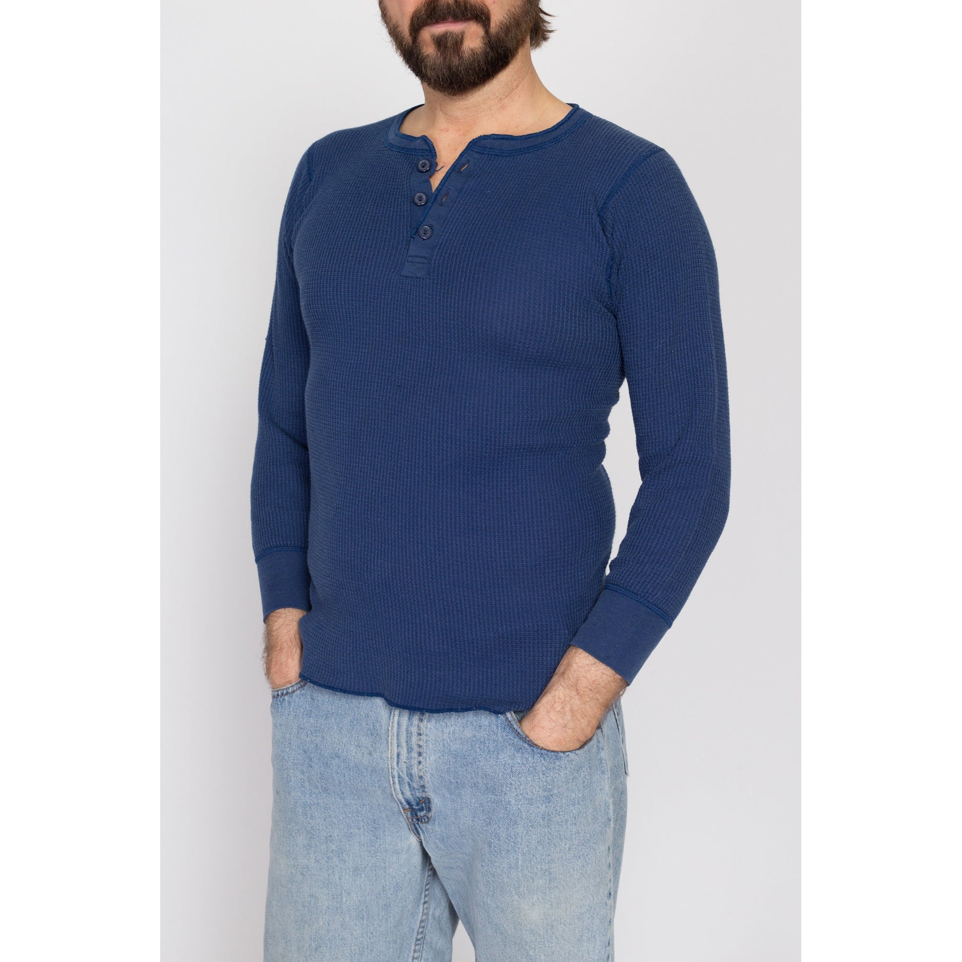 Medium 80s Navy Blue Waffle Knit Henley Shirt | Vintage Plain Long Sleeve Thermal Top