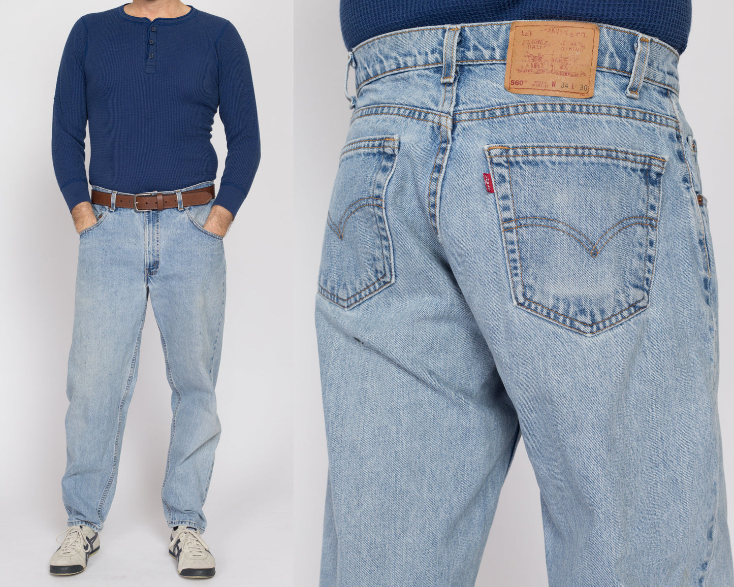 34x30 Vintage Levis 560 Made In USA Faded Light Wash Jeans | 80s 90s Levi's Distressed Tapered Leg Denim Dad Jeans
