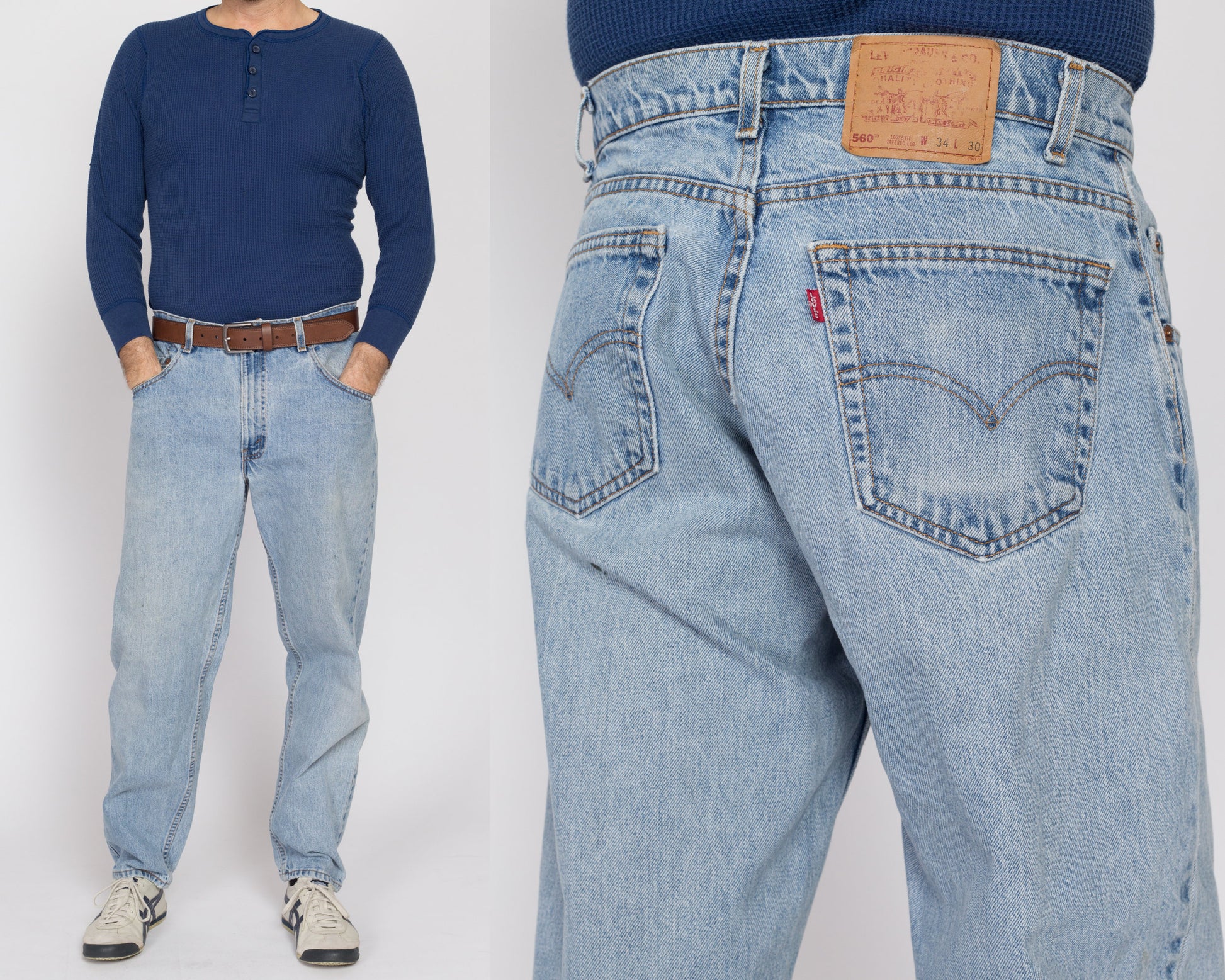 34x30 Vintage Levis 560 Made In USA Faded Light Wash Jeans | 80s 90s Levi's Distressed Tapered Leg Denim Dad Jeans