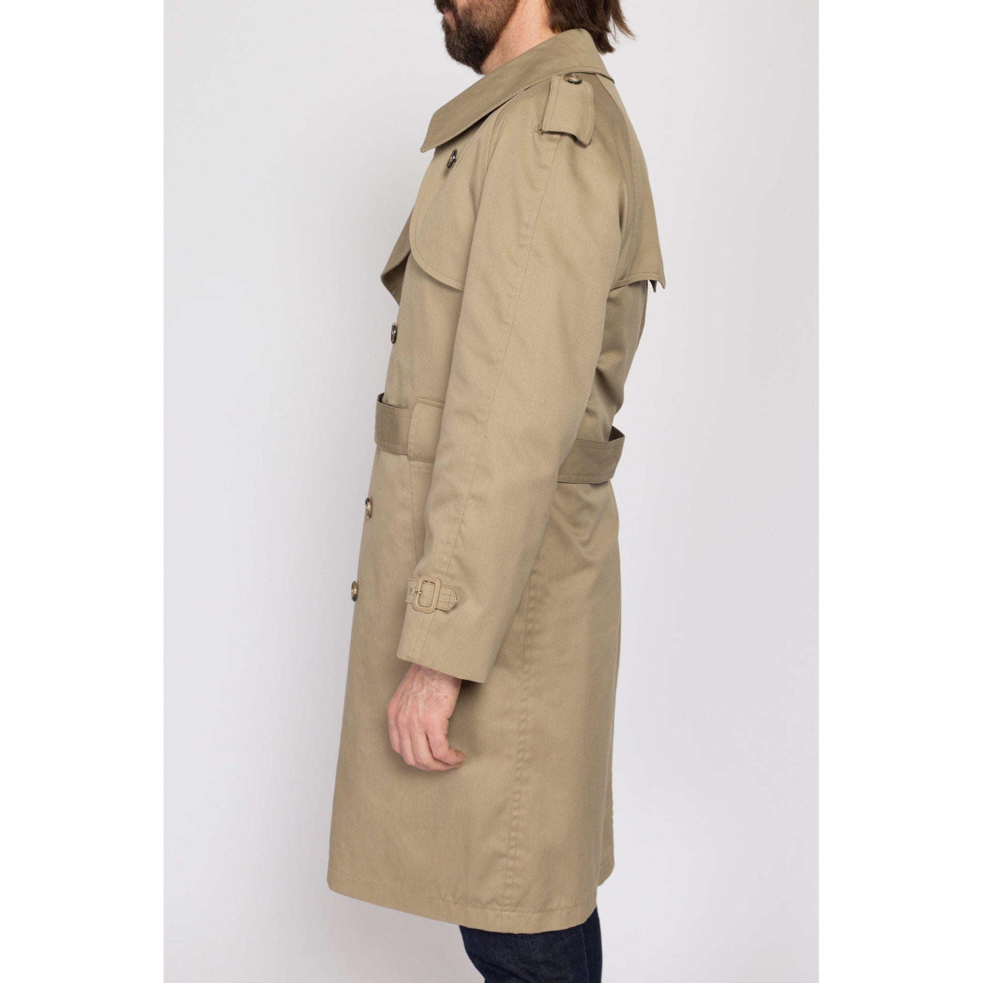 Medium 80s Misty Harbor Khaki Belted Trench Coat 42 Regular | Vintage Double Breasted Long Jacket
