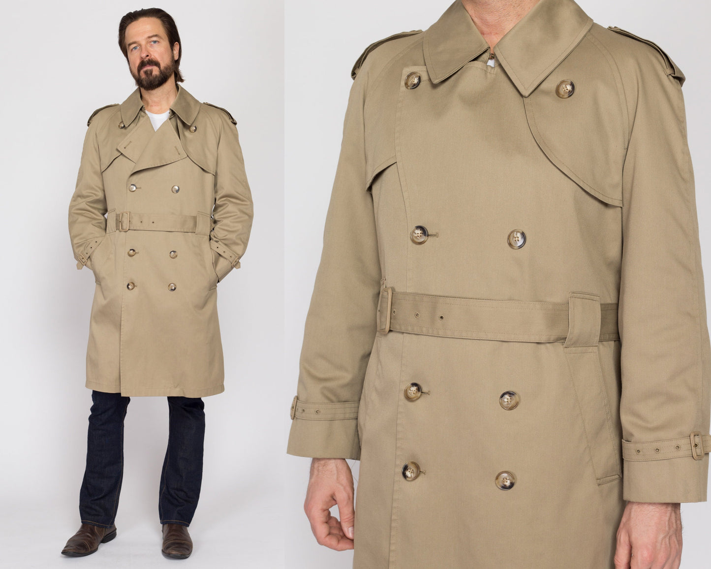Medium 80s Misty Harbor Khaki Belted Trench Coat 42 Regular | Vintage Double Breasted Long Jacket