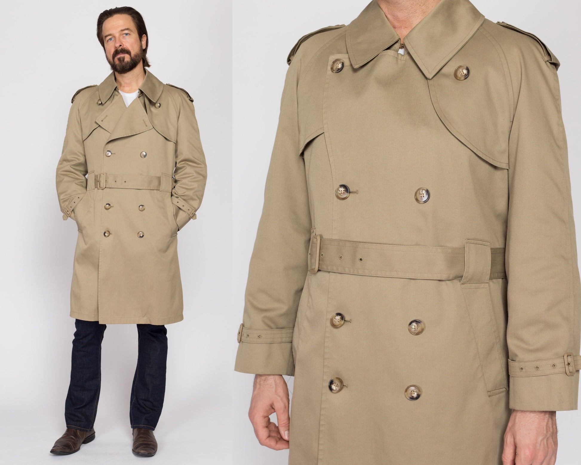 Medium 80s Misty Harbor Khaki Belted Trench Coat 42 Regular | Vintage Double Breasted Long Jacket