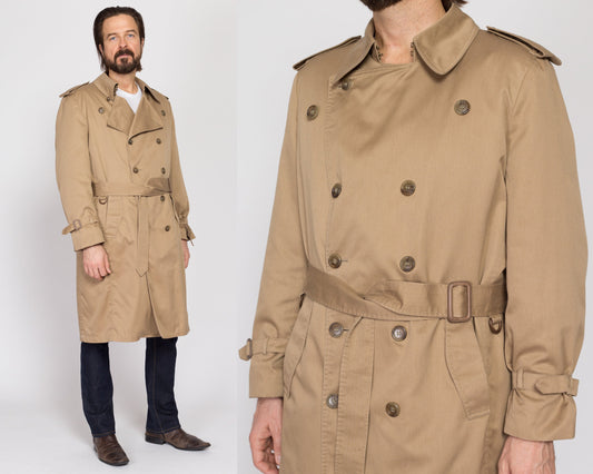 Large 80s London Fog Maincoats Khaki Belted Trench Coat 44 Regular | Vintage Double Breasted Long Button Up Duster Jacket