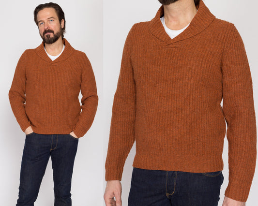 Medium 70s Orange Shawl Collar Elbow Patch Sweater | Vintage Marled Knit Wool Blend Collared Pullover
