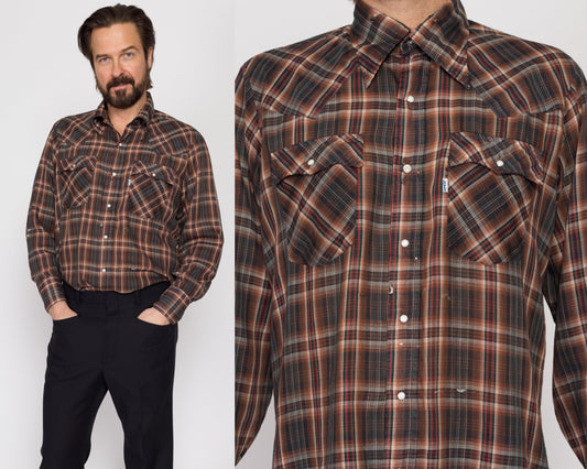 Large 70s Levi's Brown Plaid Pearl Snap Distressed Western Shirt | Vintage Button Up Long Sleeve Collared Trop