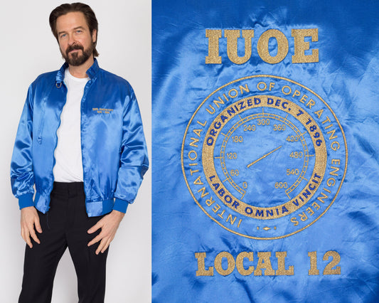 Large 80s Operating Engineers Union Blue Satin Jacket | Vintage IUOE Zip Up Varsity Logo Coat