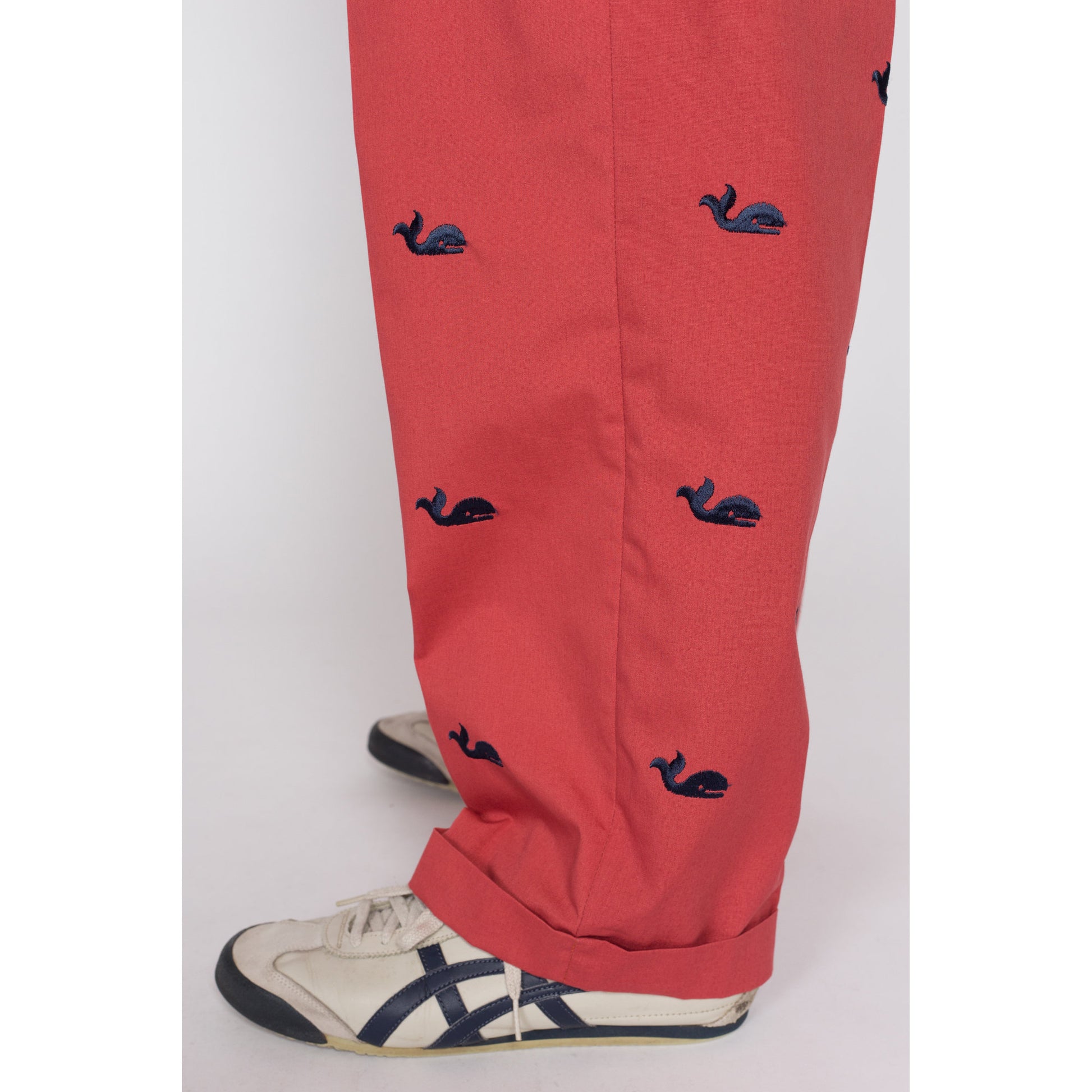 36x27 80s Preppy Salmon Pink Embroidered Whale Cotton Trousers | Vintage Men's Tapered Leg Cuffed Pants
