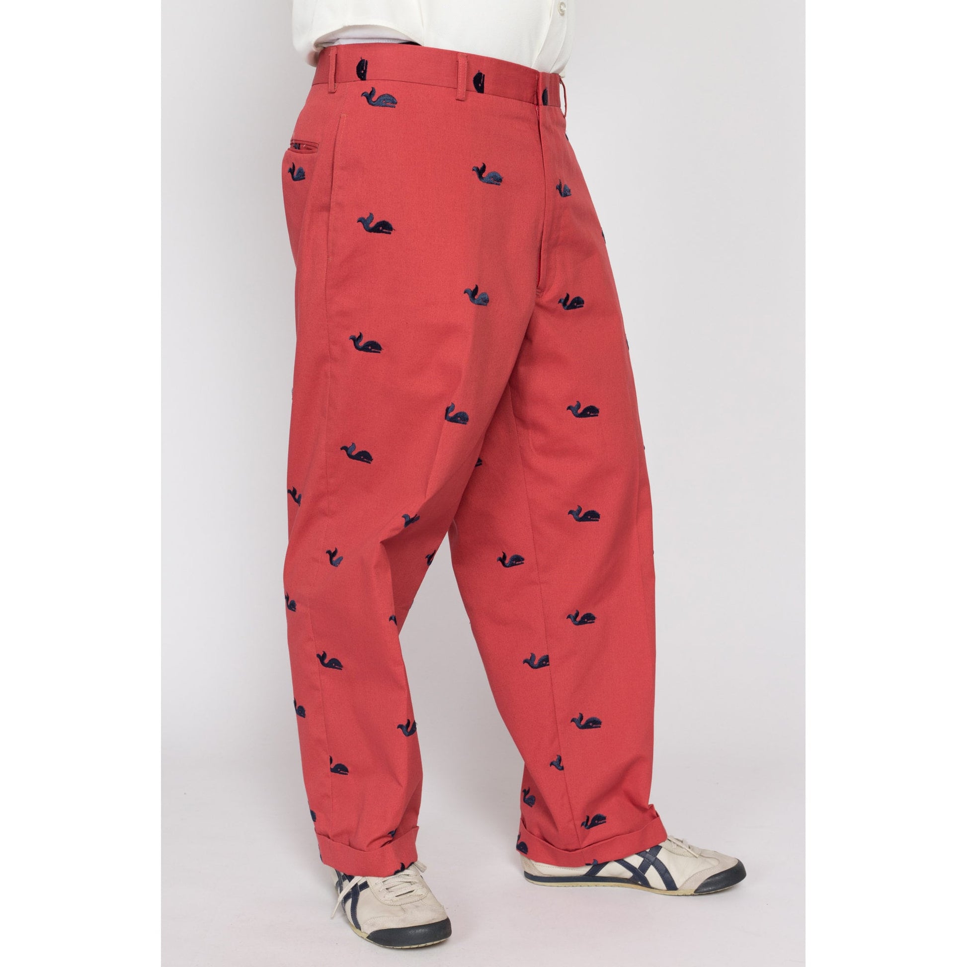 36x27 80s Preppy Salmon Pink Embroidered Whale Cotton Trousers | Vintage Men's Tapered Leg Cuffed Pants
