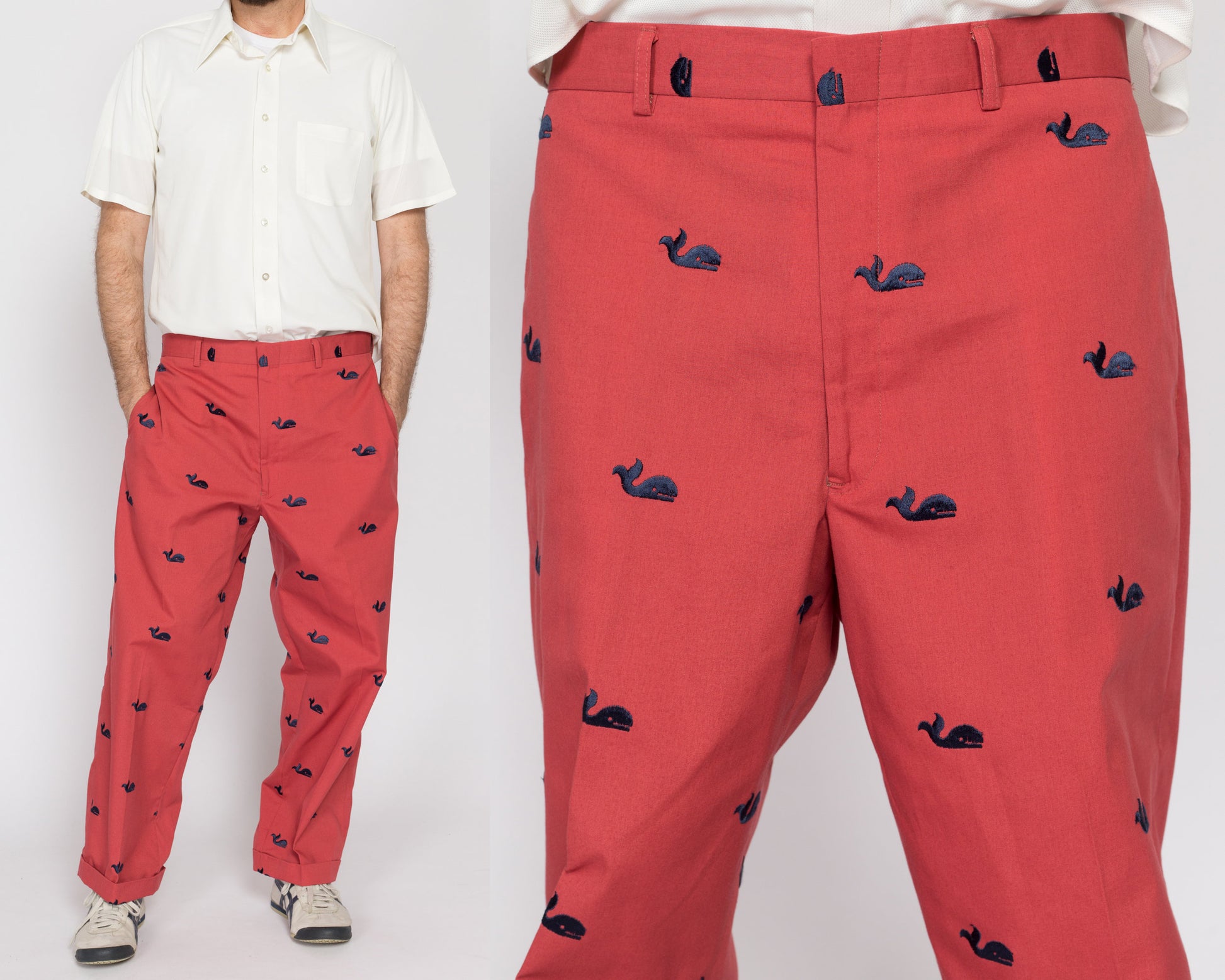 36x27 80s Preppy Salmon Pink Embroidered Whale Cotton Trousers | Vintage Men's Tapered Leg Cuffed Pants