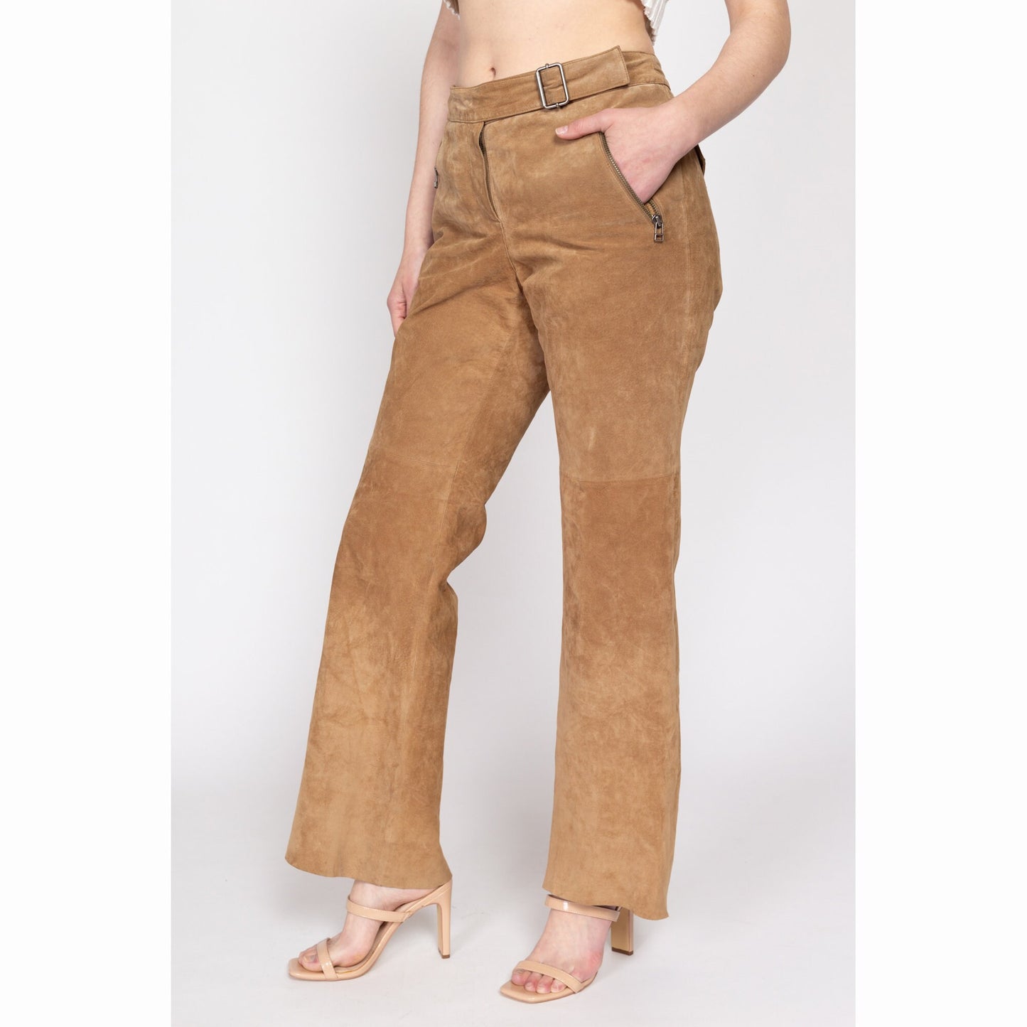 Medium 90s Tan Suede Western Trousers | Vintage Mid Rise Bootcut Leather Pants