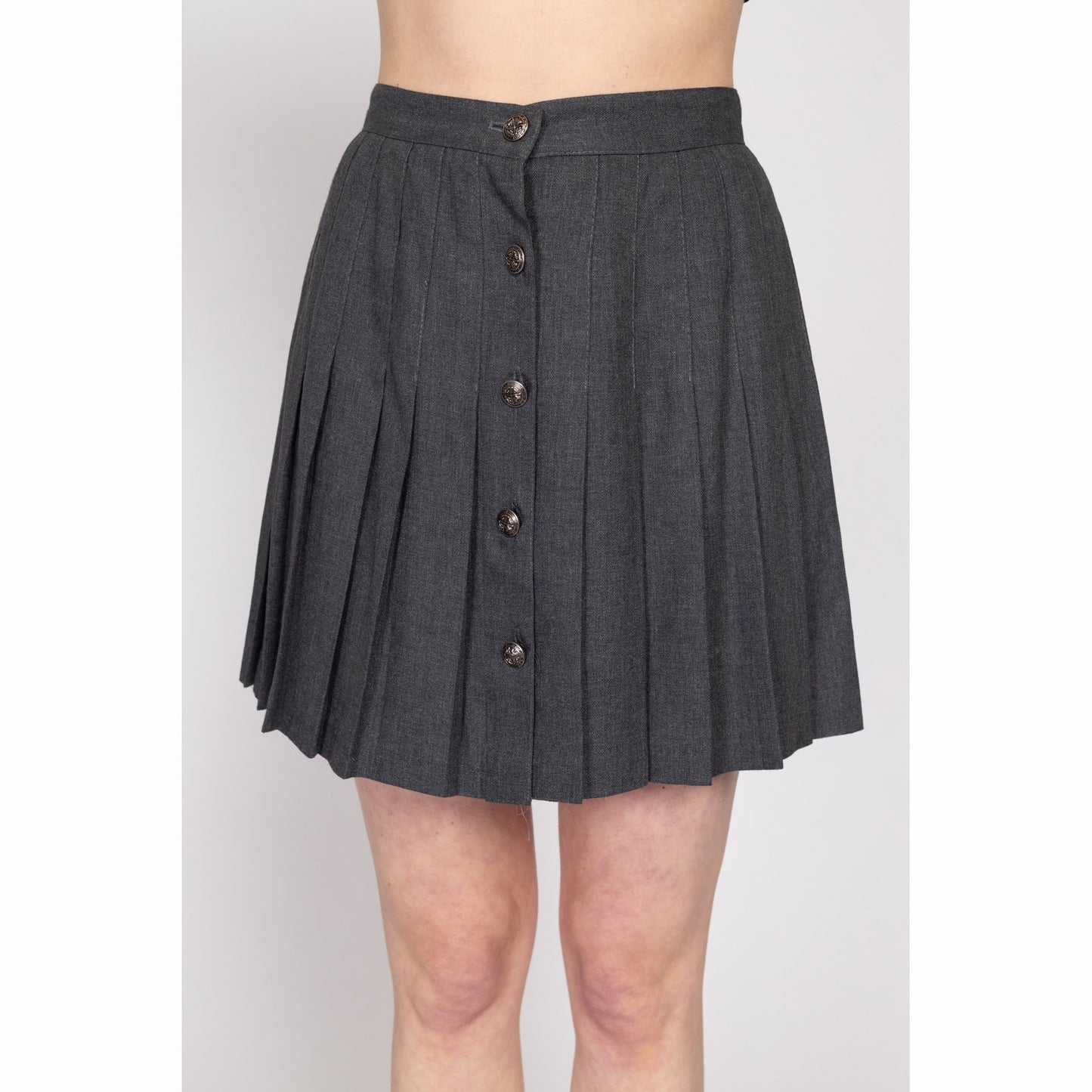 Small 90s Dark Grey Pleated Schoolgirl Skirt 27" | Vintage Minimalist Dark Academia Button Front High Waisted Mini Skirt