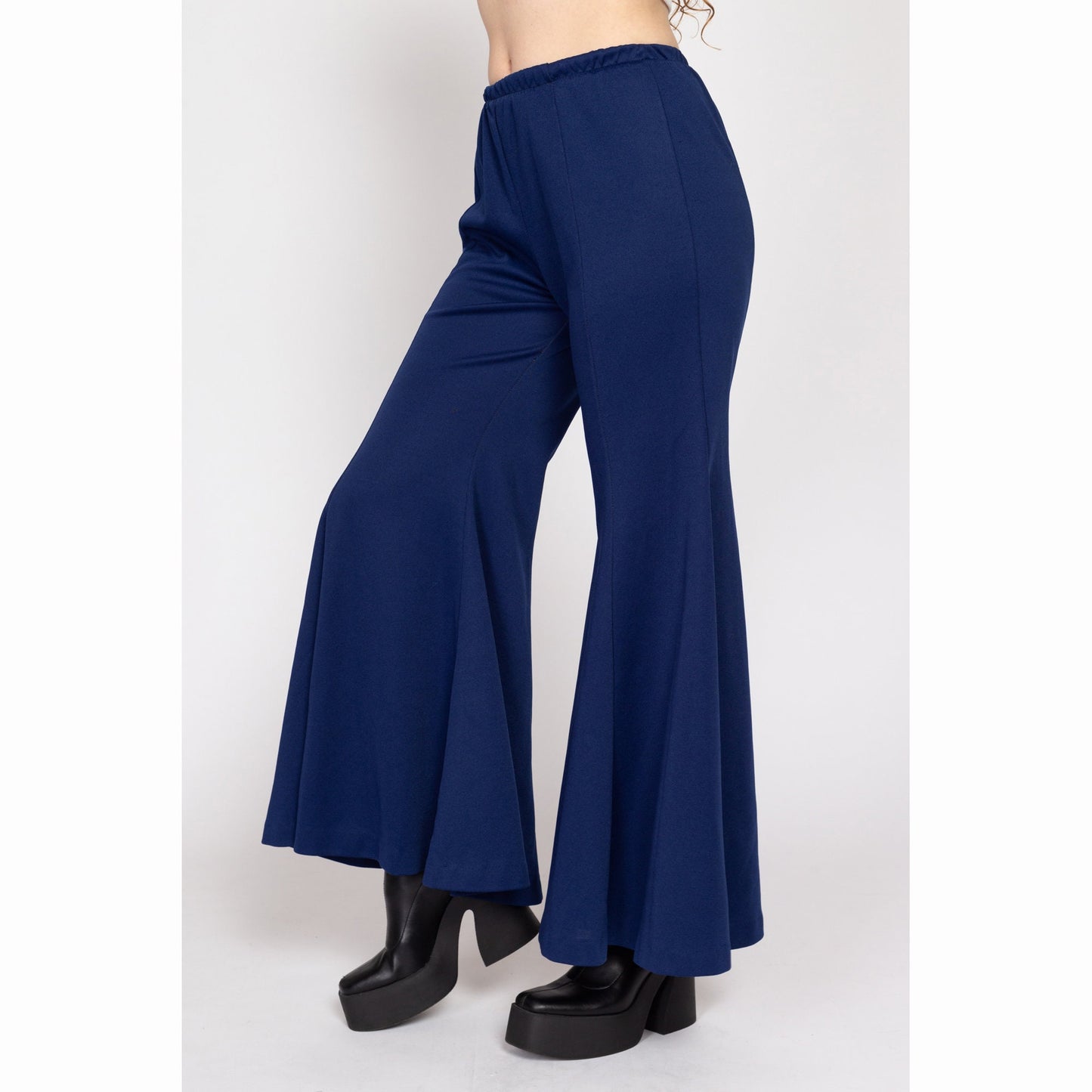 Medium 70s Navy Blue Bell Bottom Pants | Vintage High Waisted Retro Flared Elastic Disco Loungewear Trousers