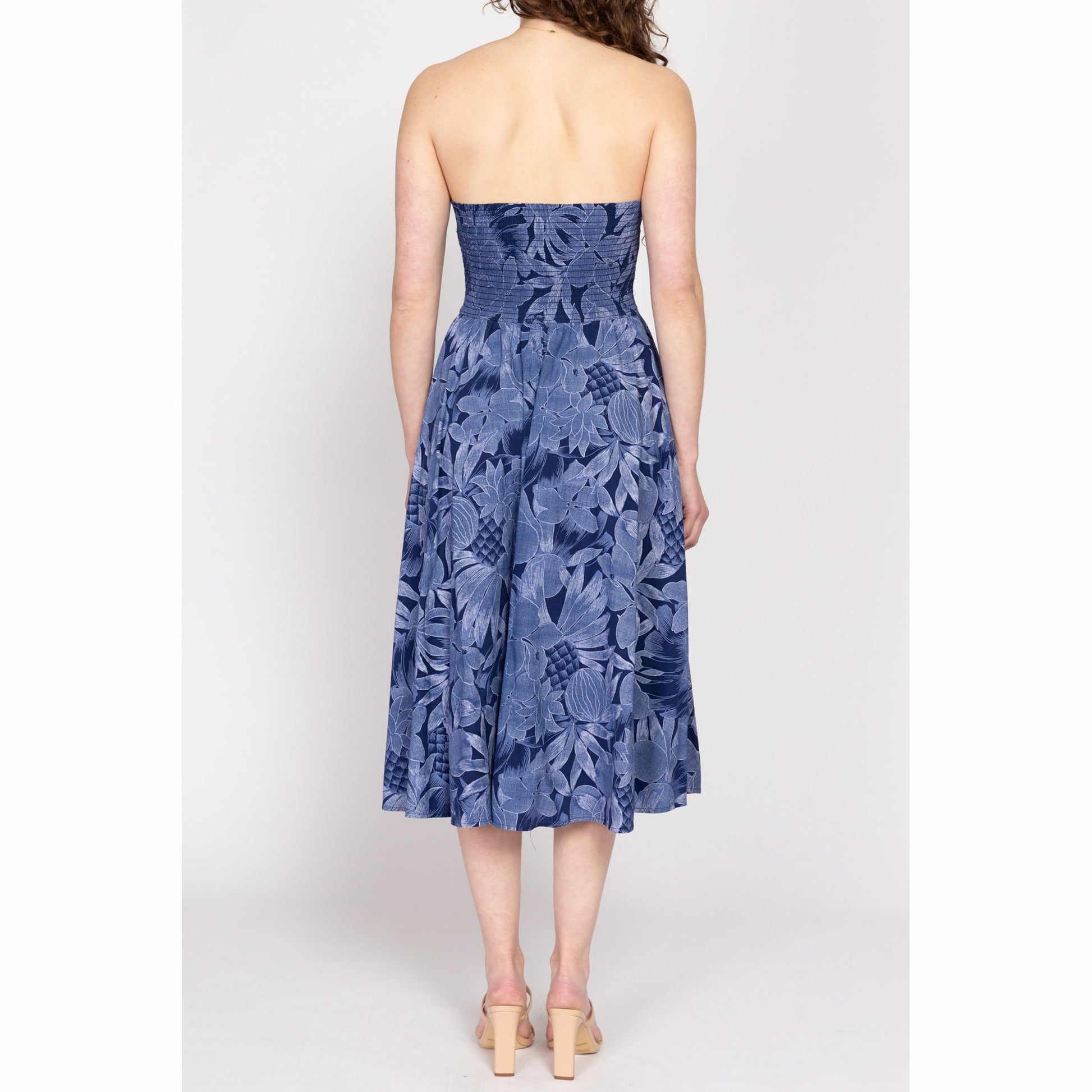Medium 80s Blue Tropical Floral Strapless Fit & Flare Dress | Vintage Cotton Retro Midi Sundress