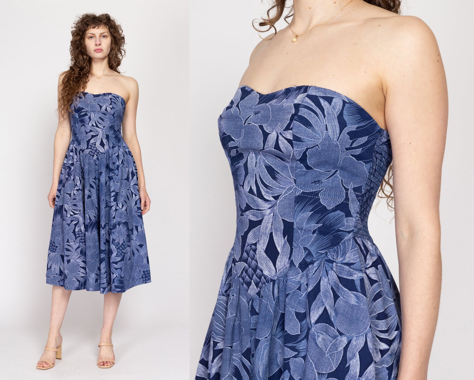 Medium 80s Blue Tropical Floral Strapless Fit & Flare Dress | Vintage Cotton Retro Midi Sundress