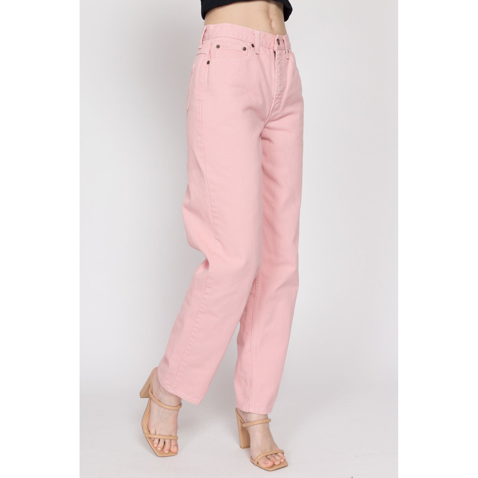 Small 90s Blush Pink High Waisted Jeans 26.5" | Vintage Newport News Pastel Denim Tapered Leg Mom Jeans