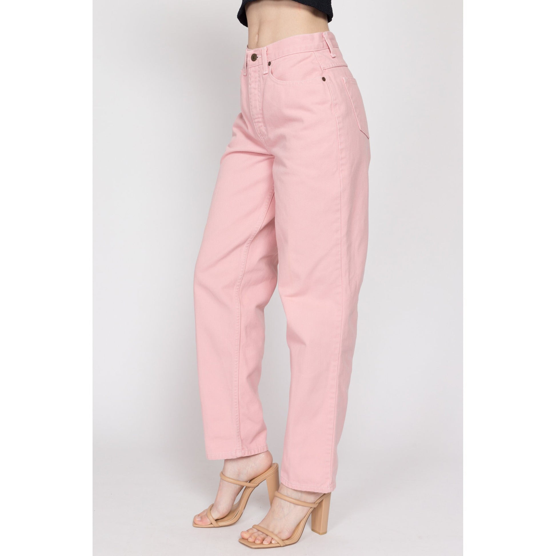 Small 90s Blush Pink High Waisted Jeans 26.5" | Vintage Newport News Pastel Denim Tapered Leg Mom Jeans