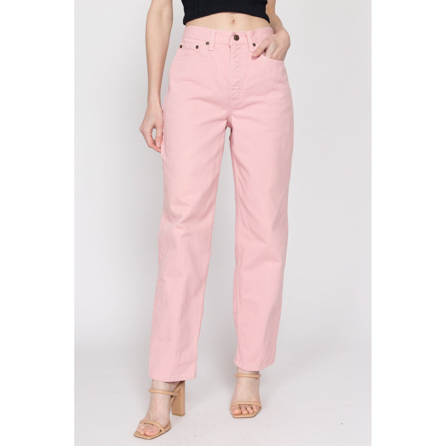 Small 90s Blush Pink High Waisted Jeans 26.5" | Vintage Newport News Pastel Denim Tapered Leg Mom Jeans