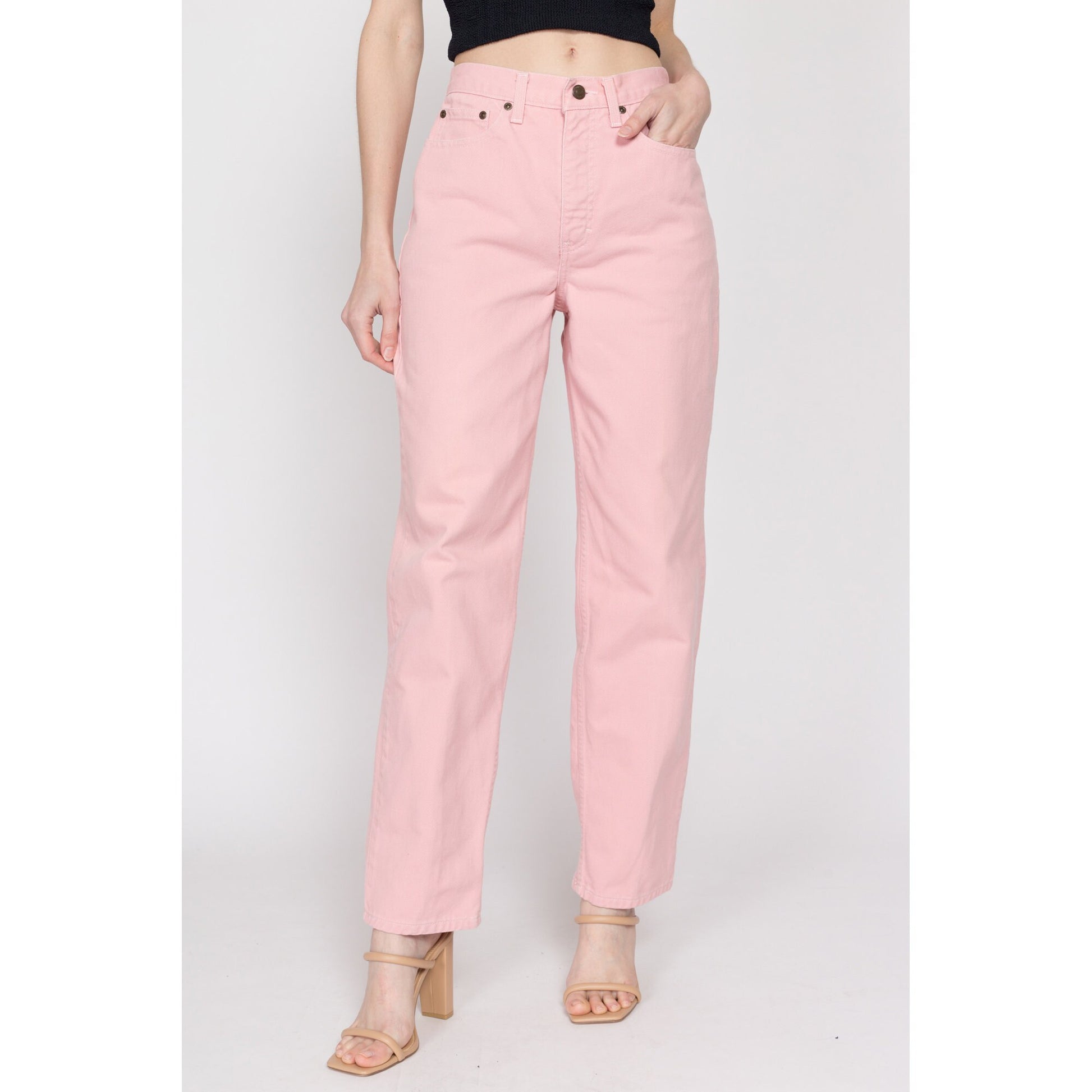 Small 90s Blush Pink High Waisted Jeans 26.5" | Vintage Newport News Pastel Denim Tapered Leg Mom Jeans