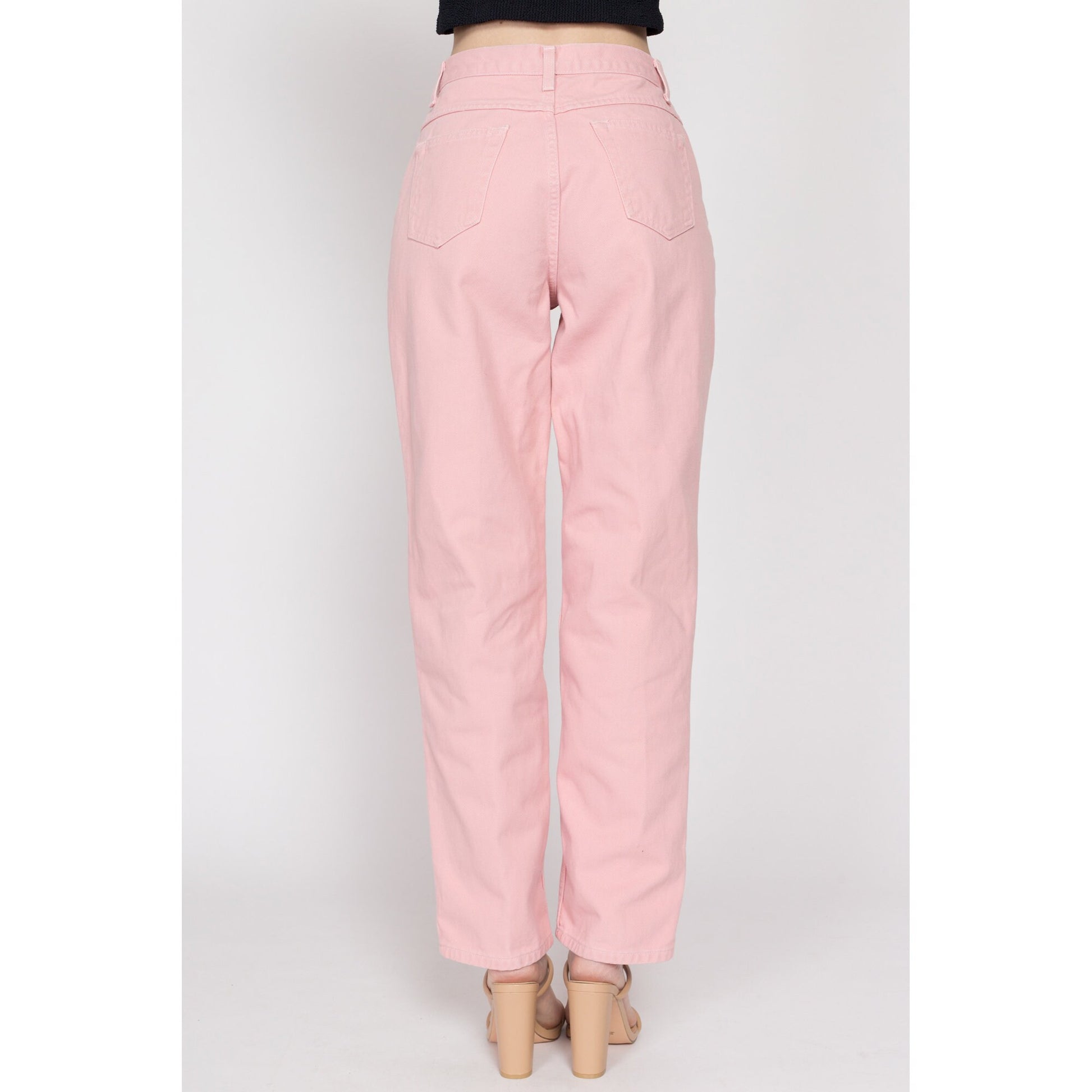 Small 90s Blush Pink High Waisted Jeans 26.5" | Vintage Newport News Pastel Denim Tapered Leg Mom Jeans