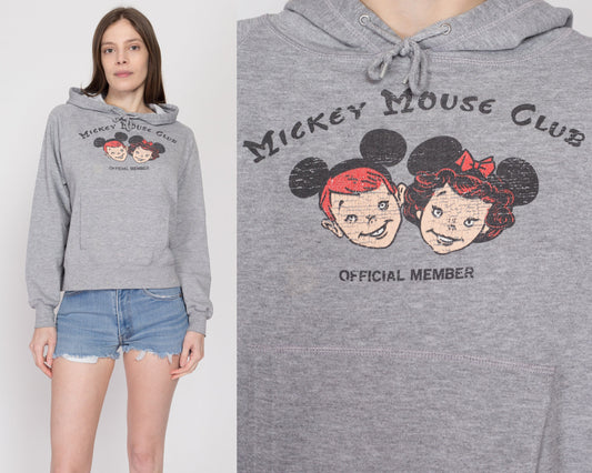 Large 90s Mickey Mouse Club Hoodie | Vintage Disney Cartoon Heather Grey Raglan Sleeve Hooded Sweatshirt