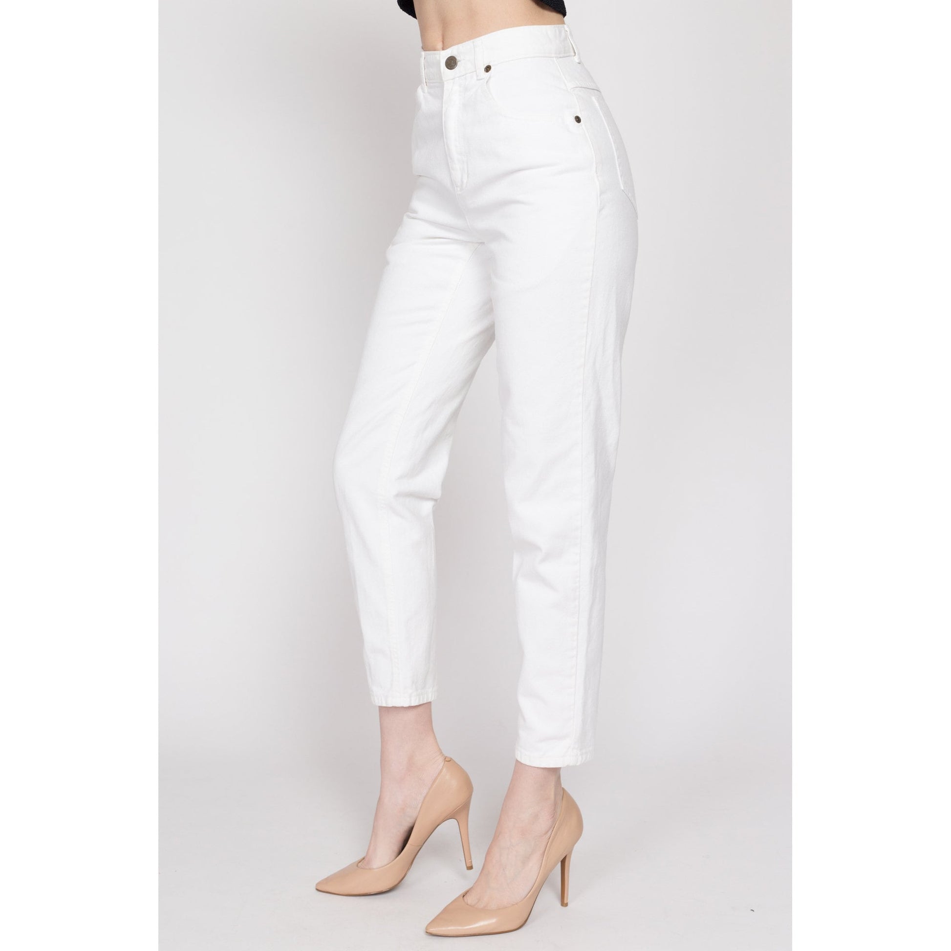 XS 90s White High Waisted Asymmetrical Zipper Jeans 24" | Vintage Liz Wear Cotton Denim Slim Tapered Leg Skinny Mom Jeans