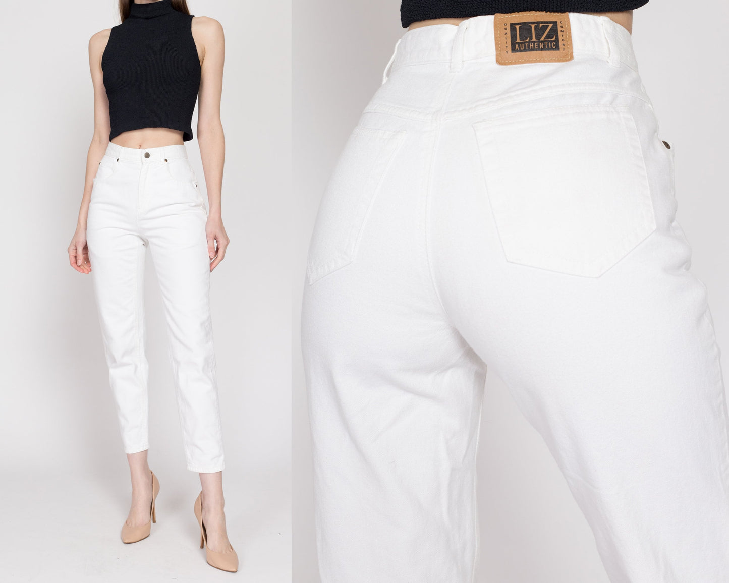 XS 90s White High Waisted Asymmetrical Zipper Jeans 24" | Vintage Liz Wear Cotton Denim Slim Tapered Leg Skinny Mom Jeans