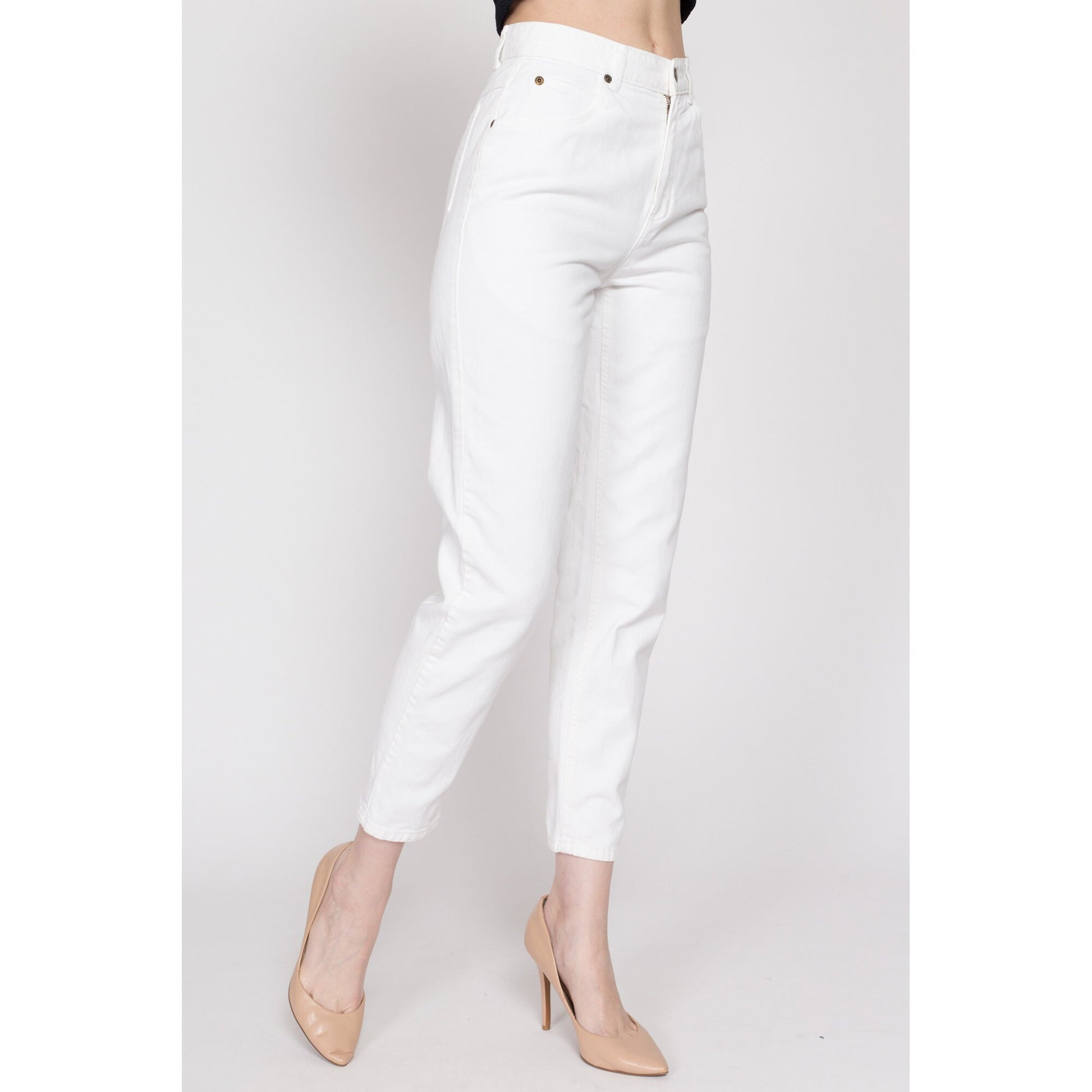 XS 90s White High Waisted Asymmetrical Zipper Jeans 24" | Vintage Liz Wear Cotton Denim Slim Tapered Leg Skinny Mom Jeans