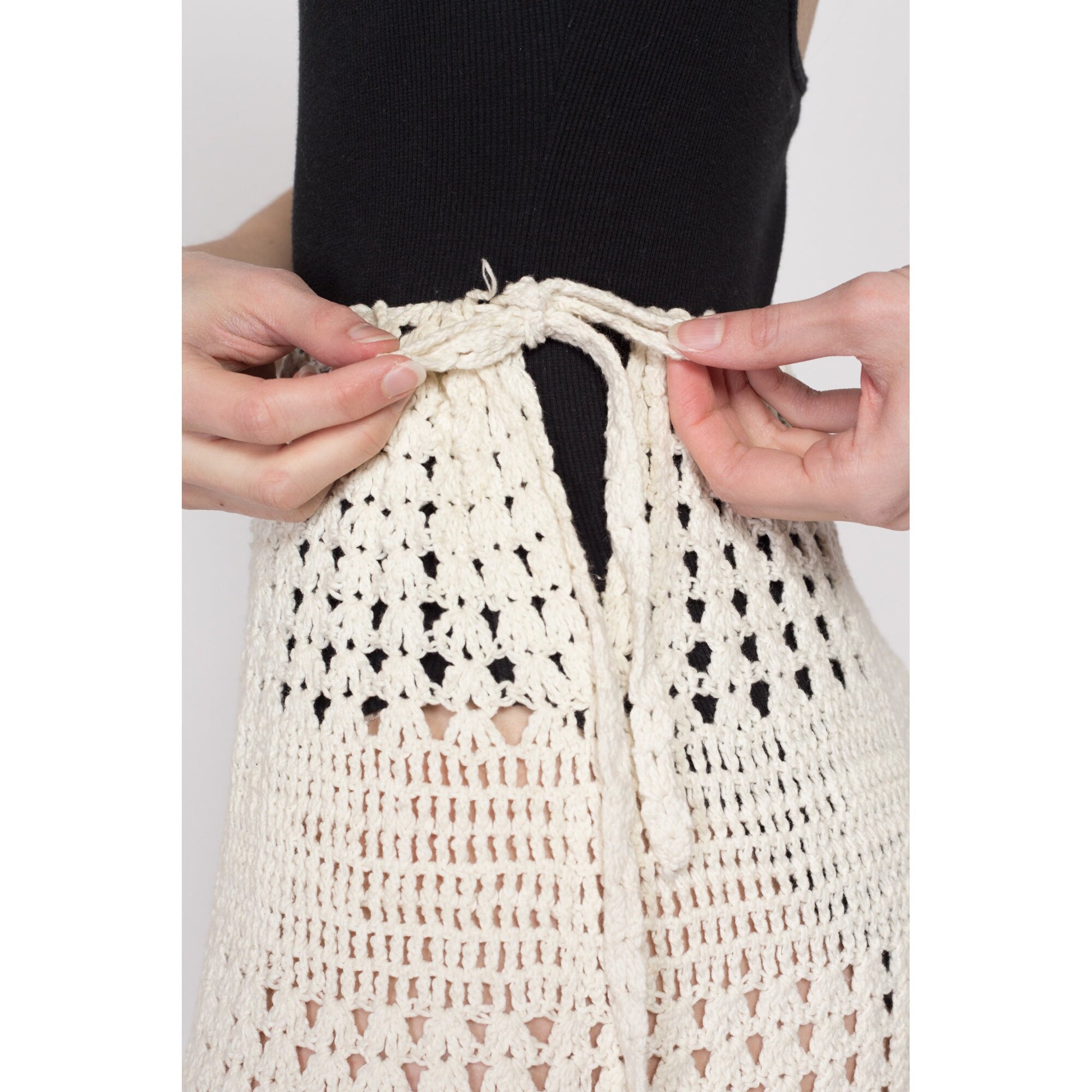 XS-Sm 70s Boho Sheer Crochet Midi Skirt | Vintage Cream White Hippie Skirt