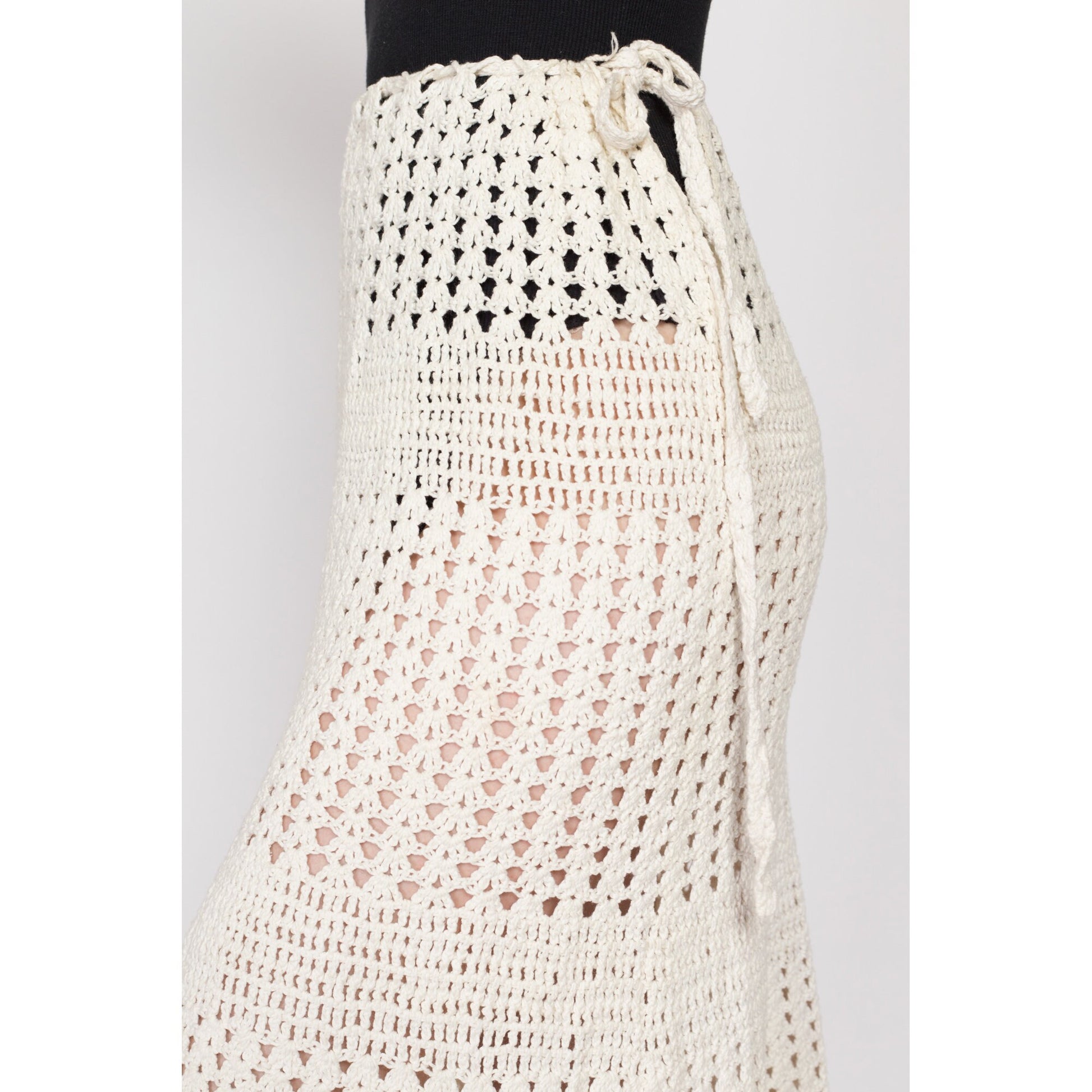 XS-Sm 70s Boho Sheer Crochet Midi Skirt | Vintage Cream White Hippie Skirt